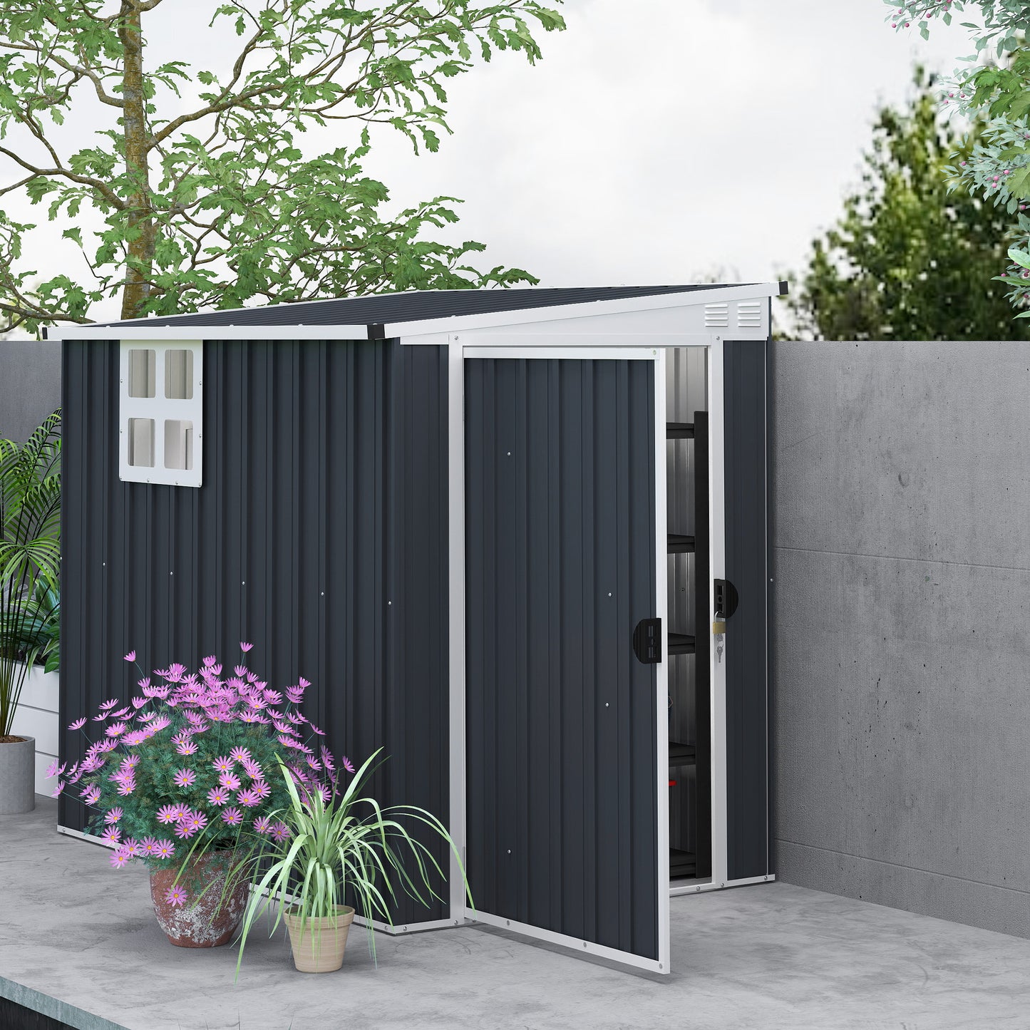 4' x 6' Outdoor Storage Shed, Metal Garden Shed with Window, 2 Vents and Lockable Door, Durable Backyard Tool Storage House for Garden and Patio Use