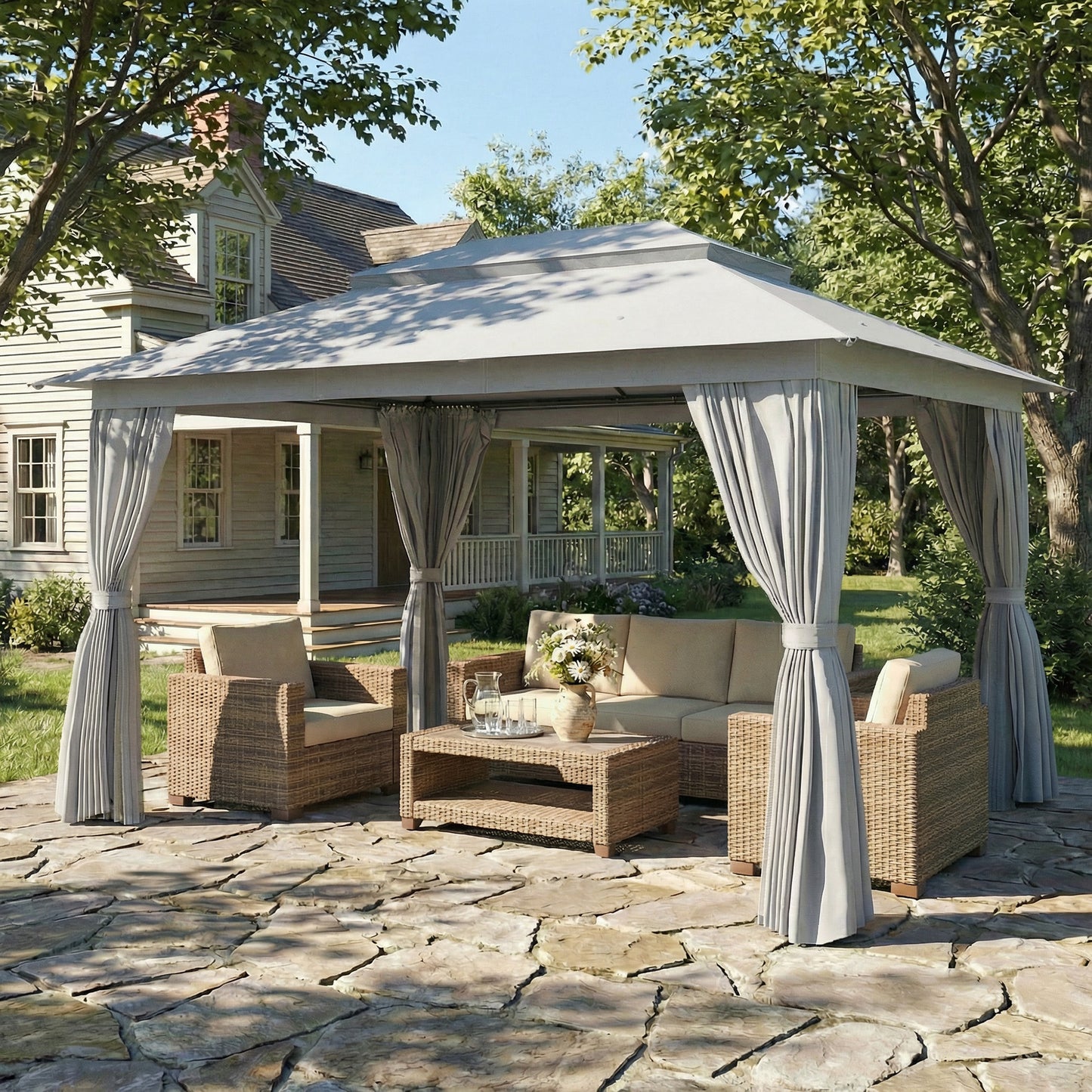 10' x 13' Patio Gazebo, UPF50+ Double Roof Outdoor Gazebo Canopy with Netting and Curtains, Steel Frame, Dark Grey