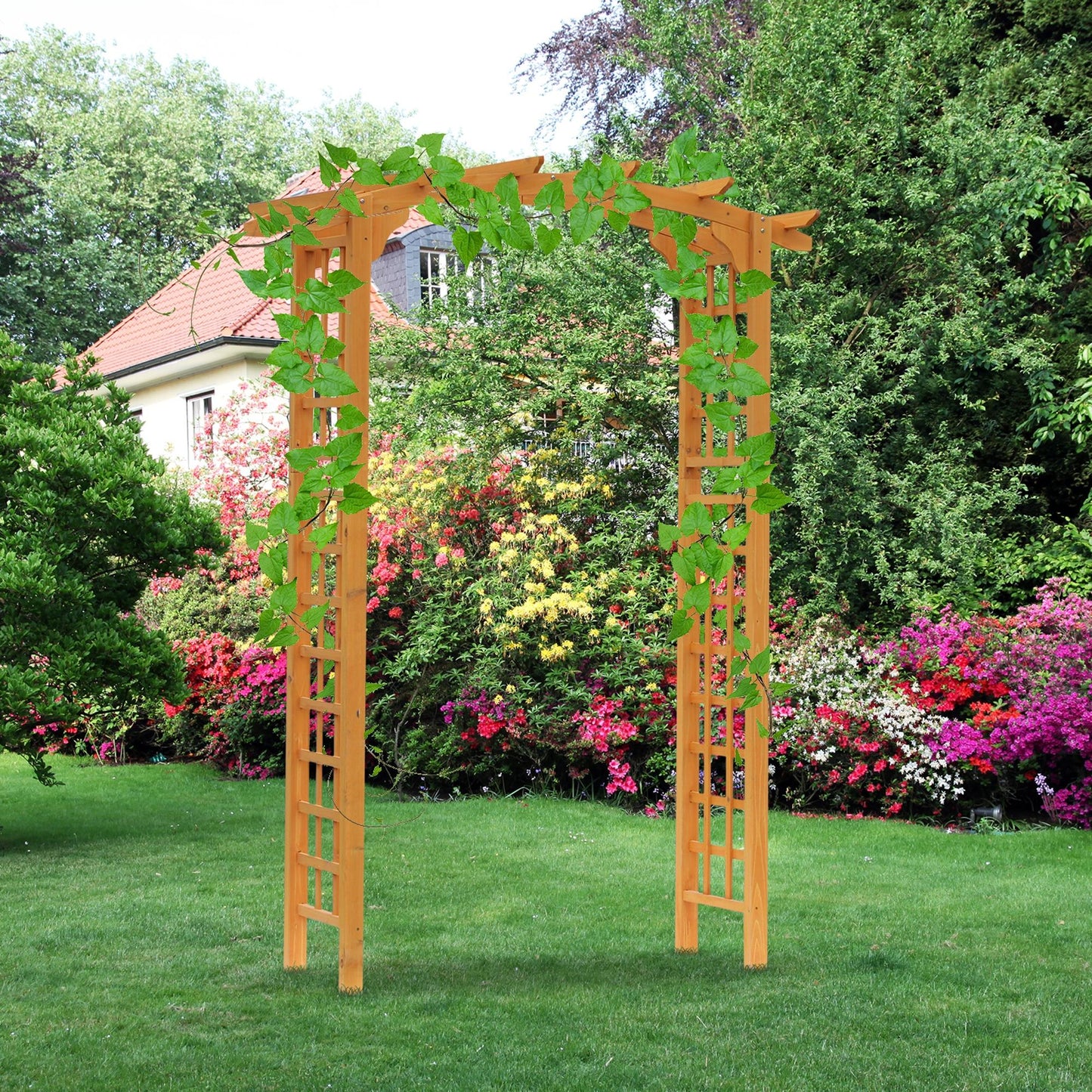 7.5FT Wood Garden Arch Trellis, Outdoor Walkway Round Pergola Style Arbor for Decorative Climbing Plants, Patio, Lawn, Backyard Party, Ceremony Decoration Accessories, Yellow