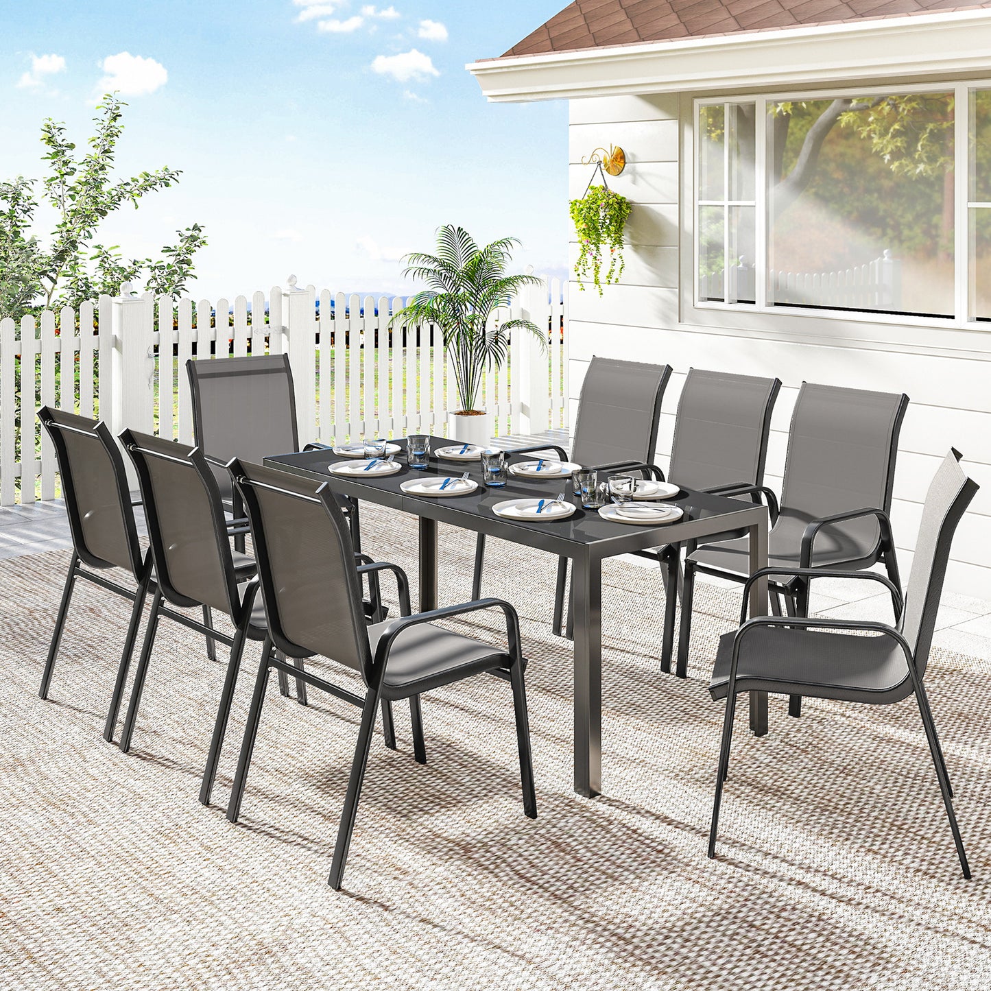 9 Pieces Patio Set with Stackable Chairs, Patio Dining Set with Glass Top for Garden, Patio, Backyard, Dark Grey
