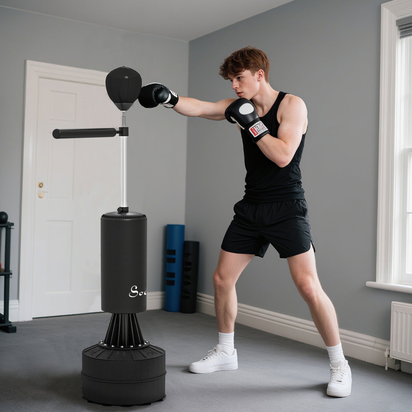 Soozier Freestanding Boxing Punch Bag Stand with 360° Rotating Flexible Arm, Speed Ball, Waterable and Sandable Base, Black