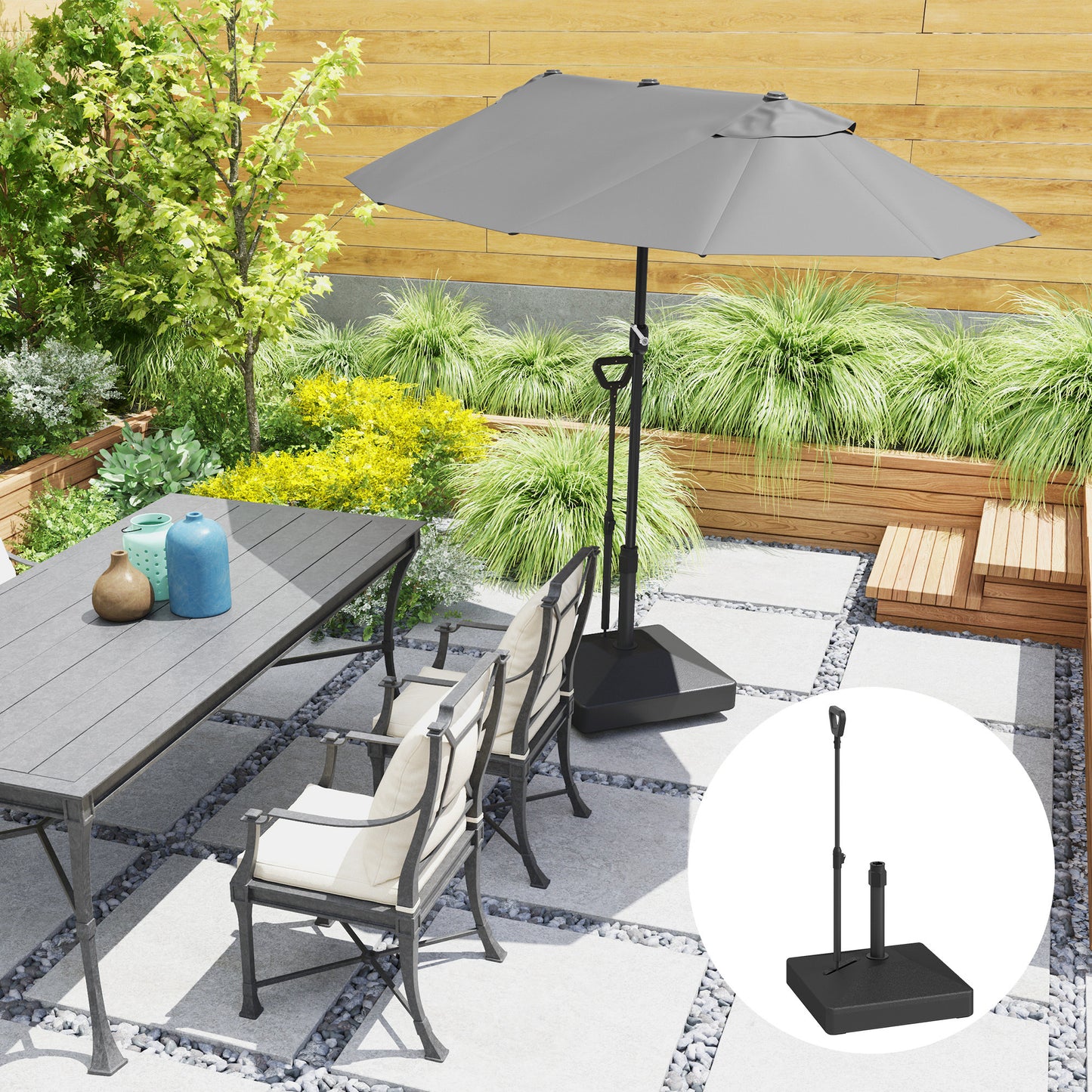 Square Plastic Patio Umbrella Base with Adjustable Wheels, Handle, Outdoor Patio Umbrella Stand, Filled Up to 121lb with Stand, 99lb with Water for Garden Poolside, Black