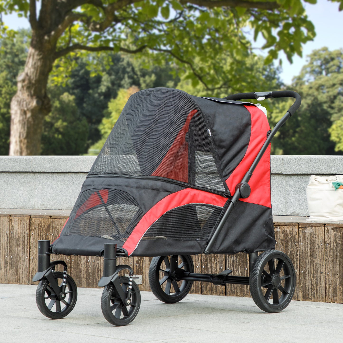 Foldable Pet Stroller for Large Dogs with Four Big Wheels, Shock-Absorbing Frame, Safety Leashes, Brakes, Black