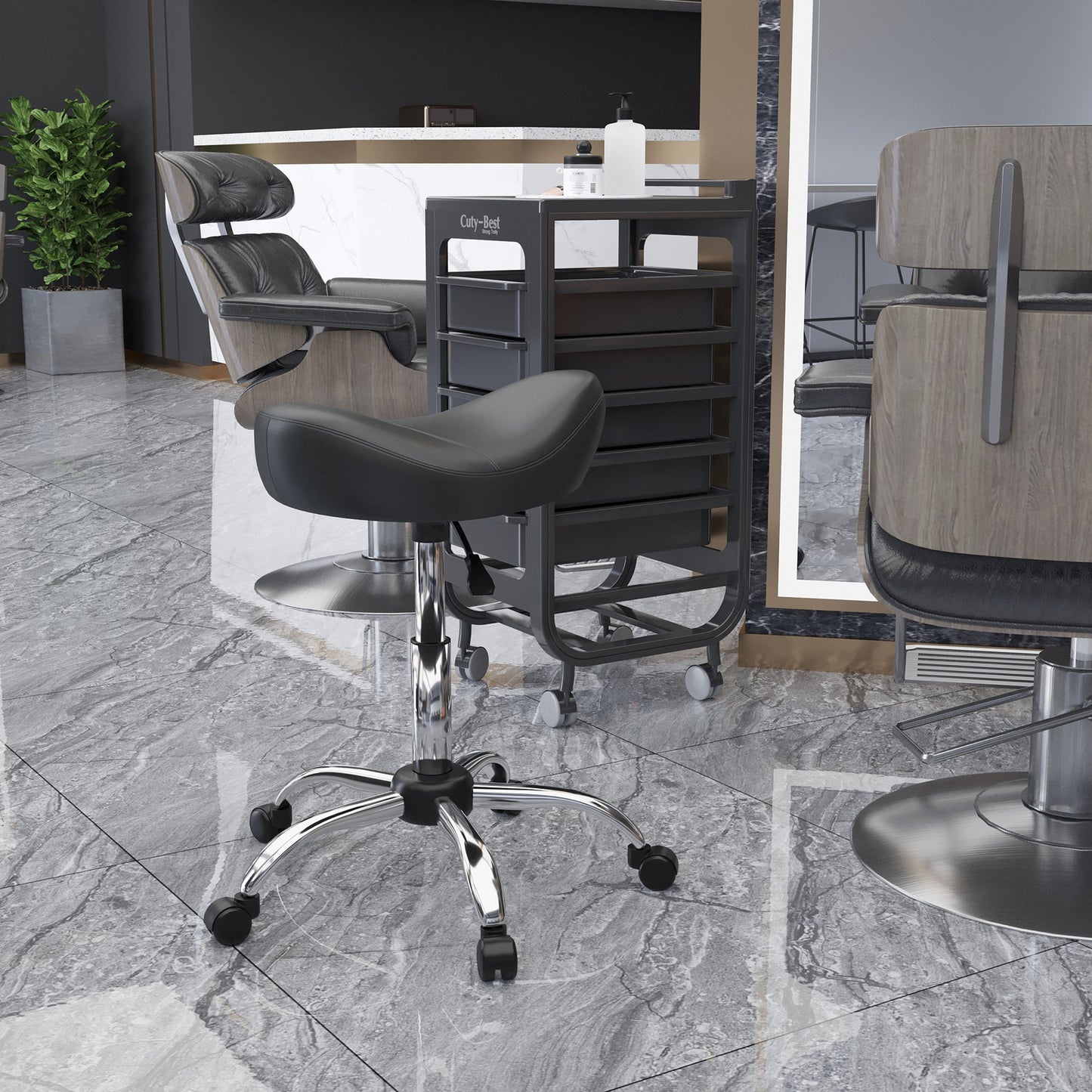 Saddle Stool, Height Adjustable Rolling Salon Chair with PU Leather for Massage, Spa, Clinic, Beauty and Tattoo, Grey