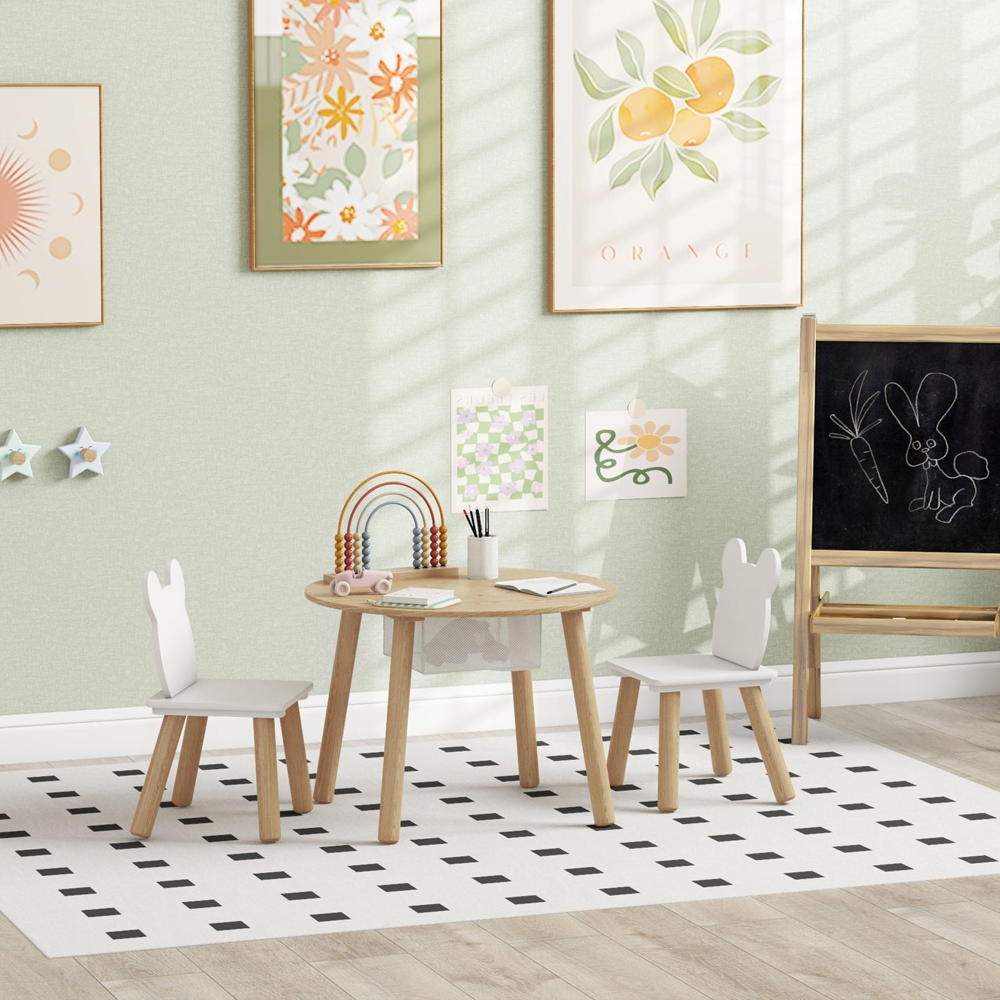 Qaba 3 Pieces Kids Table and Chair Set, Activity Table and Chair Set with Bear-Shaped Chairs, Mesh Bag