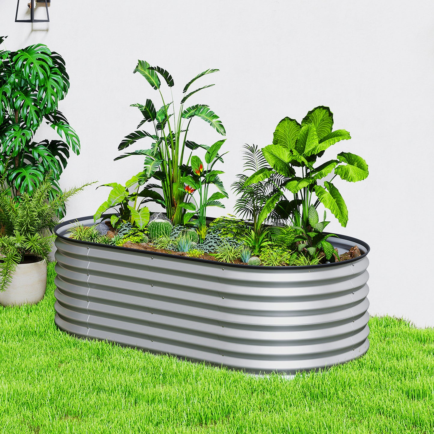 5 x 2.5 x 2 ft Galvanized Raised Garden Bed, Easy DIY Oval Planter Box with Safety Edging and Gloves, Silver