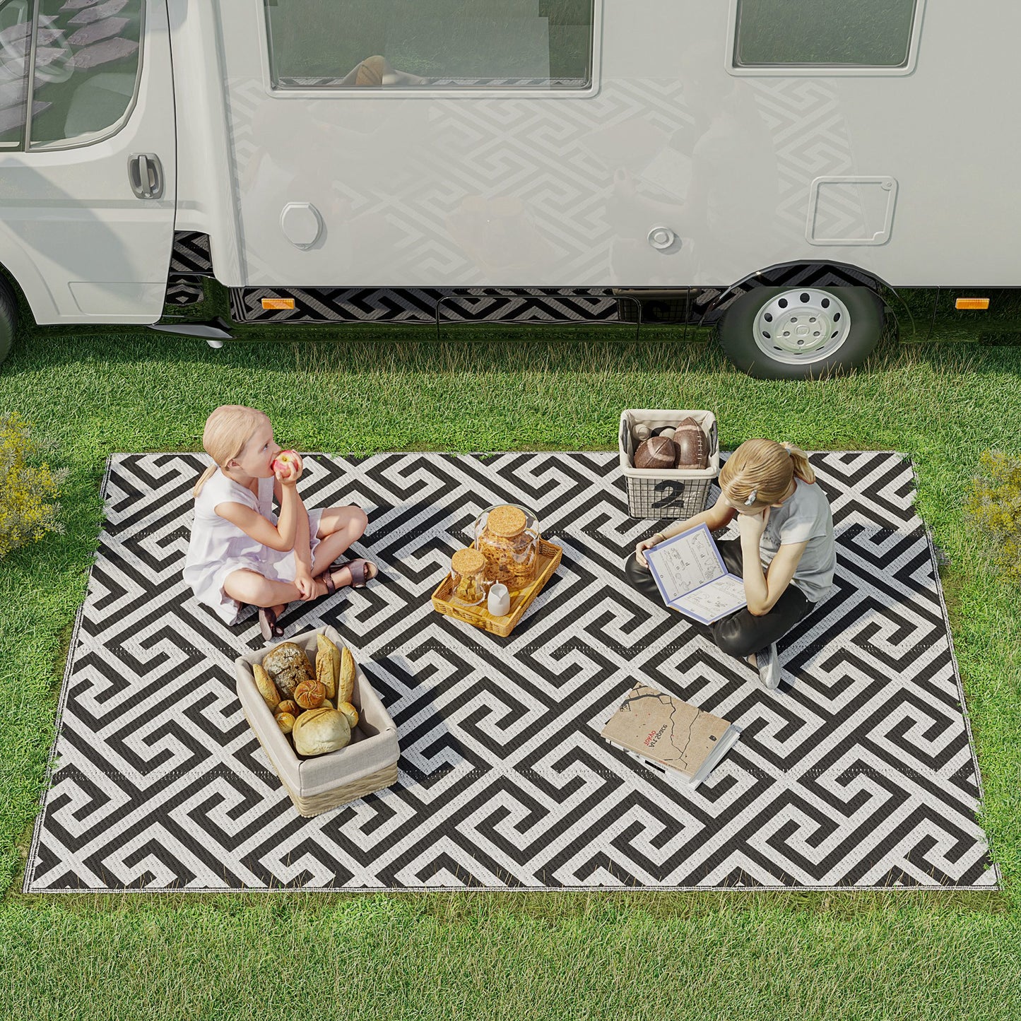 Reversible Outdoor RV Rug, Patio Floor Mat, 5' x 8' Plastic Straw Rug for Backyard, Deck, Beach, Camping, Black & White