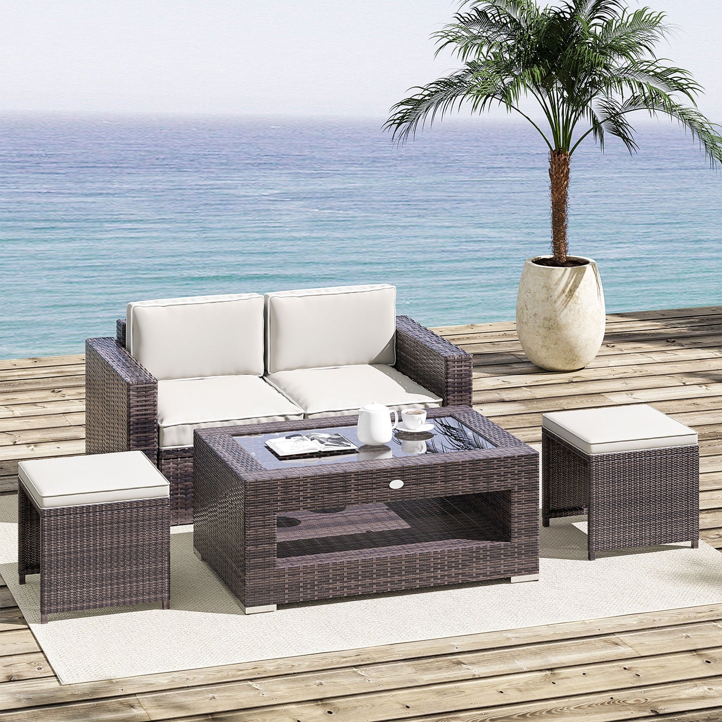 2-Tier Rattan Patio Coffee Table Outdoor Side Table PE Wicker Patio Garden Tea End Desk with Tempered Glass Top & Storage for Balcony, Backyard, Poolside