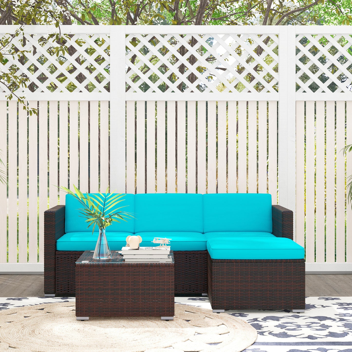 3 Pieces Patio Furniture with Soft Cushions, Patio Corner Sofa Sets with a Coffee Table, Ideal for Balcony, Patios, Backyards, Turquoise