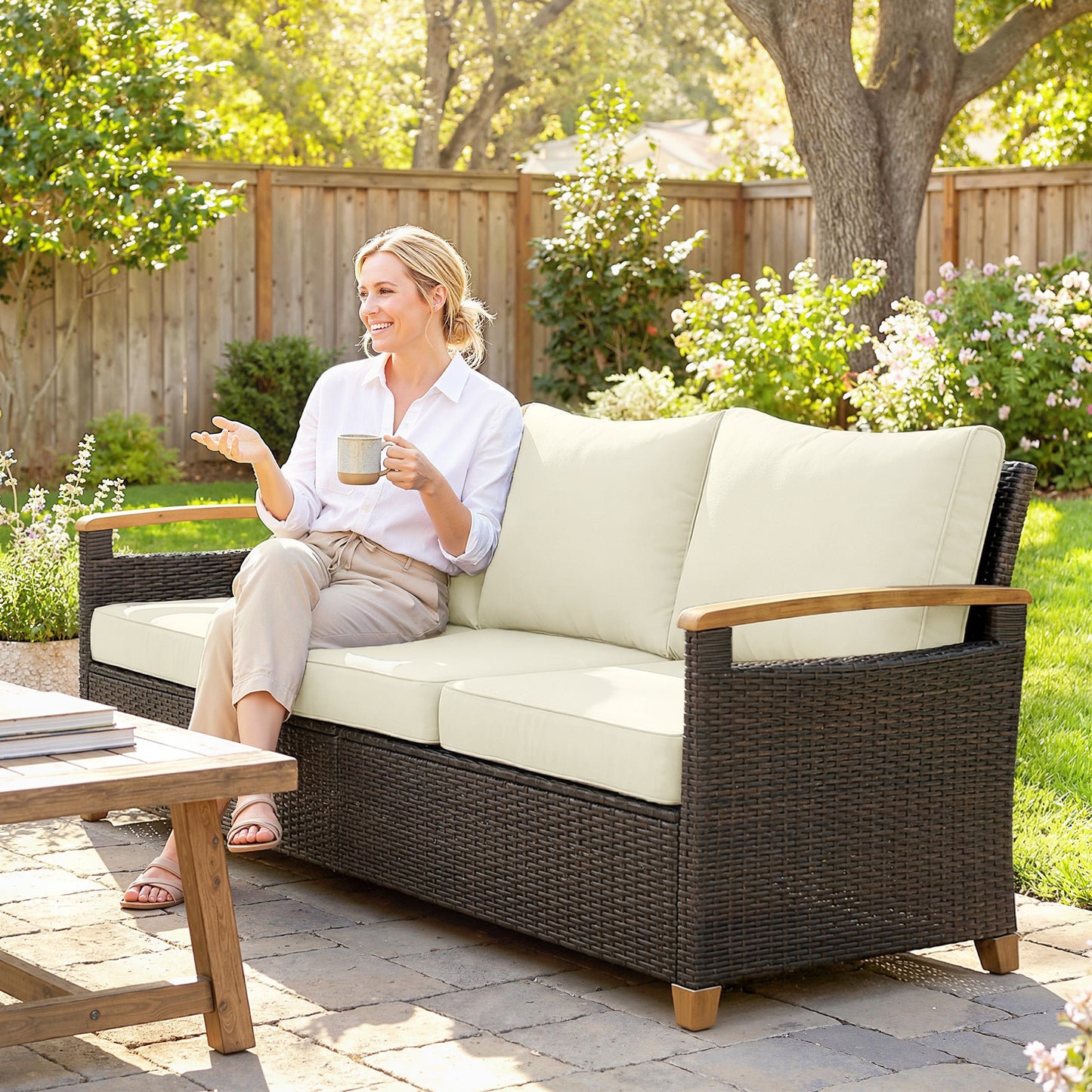 3 Seater Outdoor Couch Sofa, PE Wicker Patio Furniture Couch, Wide Seat, 4" Cushions, Wood-Effect Armrests, Cream White