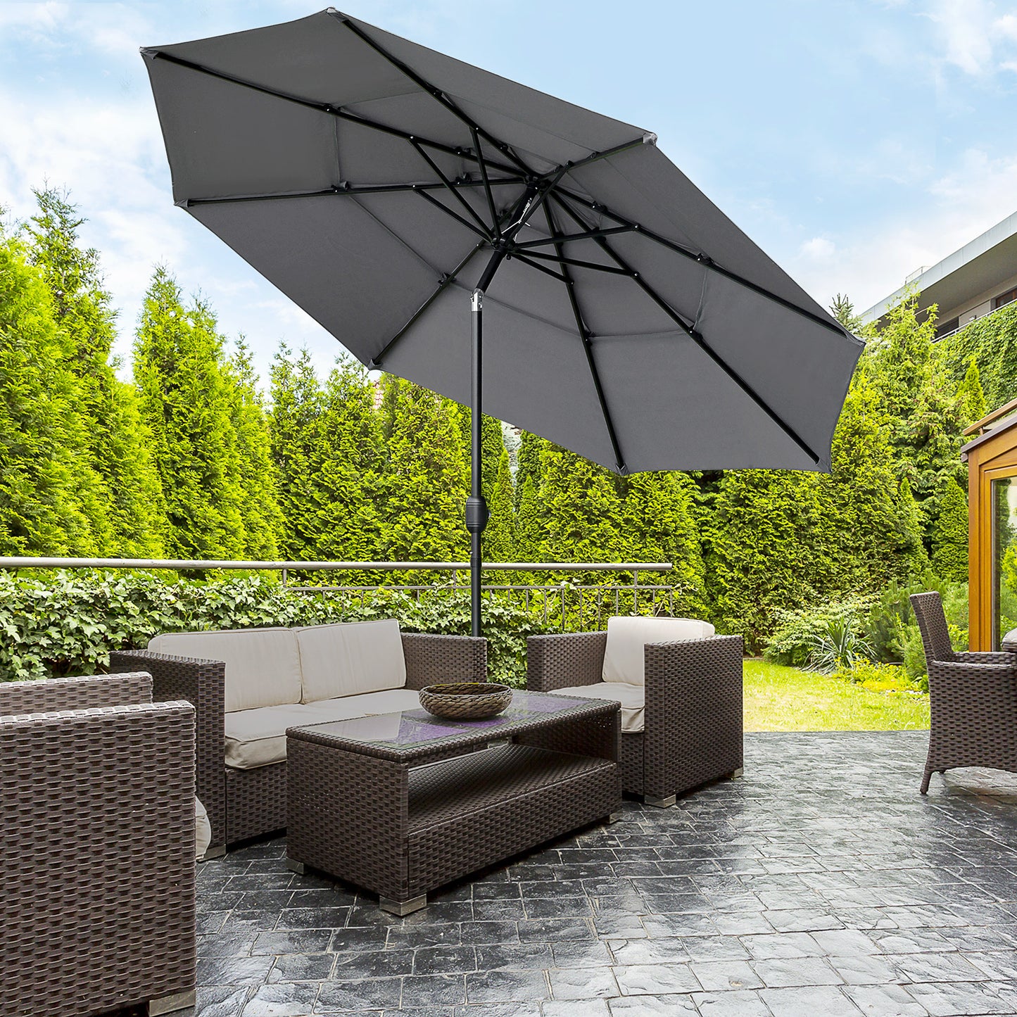 9FT 3 Tiers Patio Umbrella Outdoor Market Umbrella with Crank, Push Button Tilt for Deck, Backyard and Lawn, Light Grey