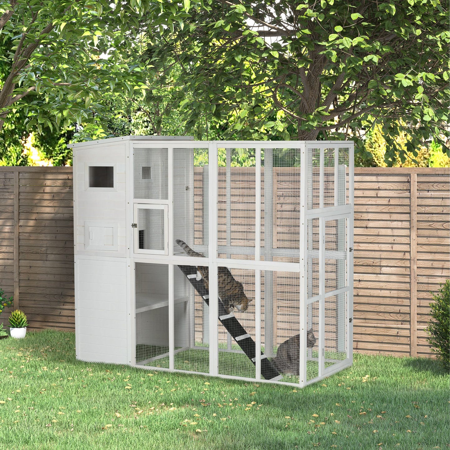 68.7" H Cat Cage Large Wooden Outdoor Cat House with Large Run for Play, Catio for Lounging, and Condo Area for Sleeping, White