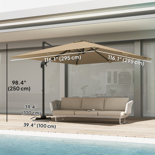 10 FT Cantilever Patio Umbrella, Square Patio Umbrella with Crank Handle, Cross Base and Tilt, 360° Rotation