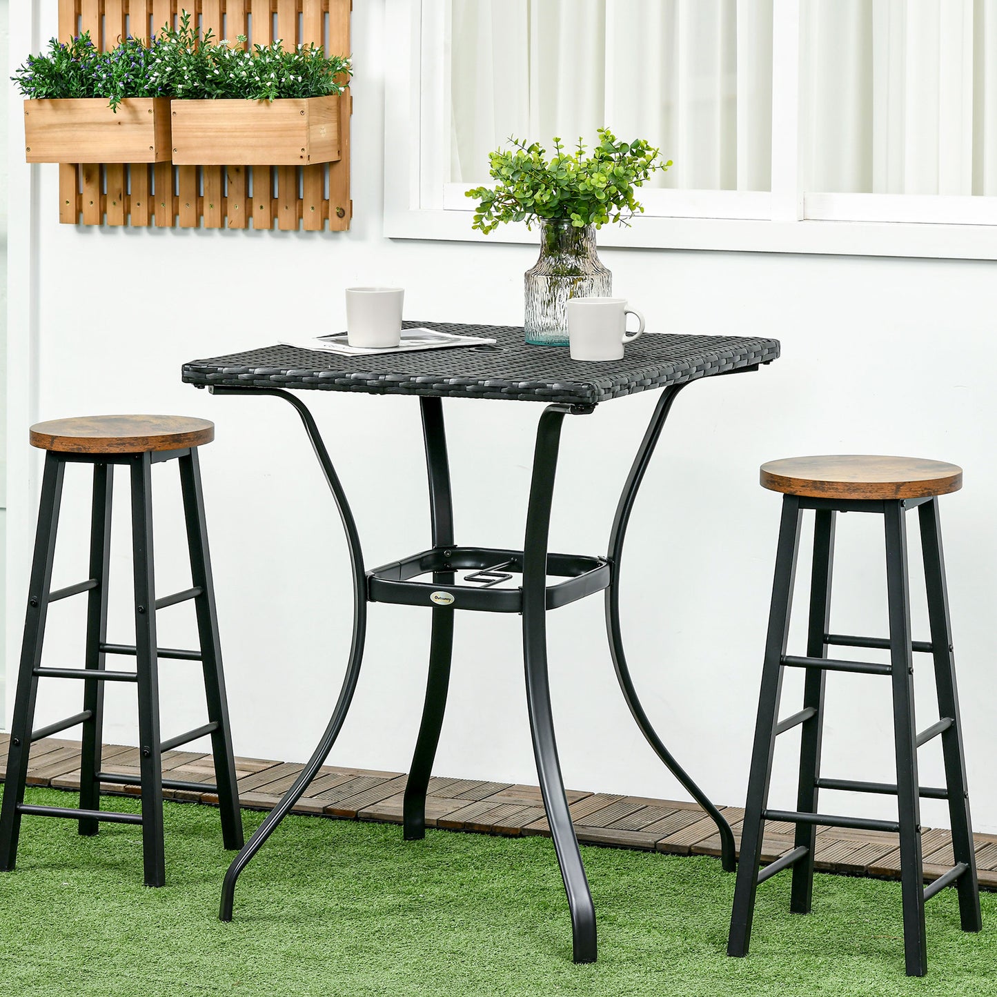 Patio Wicker Dining Table with Umbrella Hole, 34 Inch Outdoor PE Rattan Coffee Table with Plastic Board Under the Woven Table Top for Patio, Garden, Balcony, Black