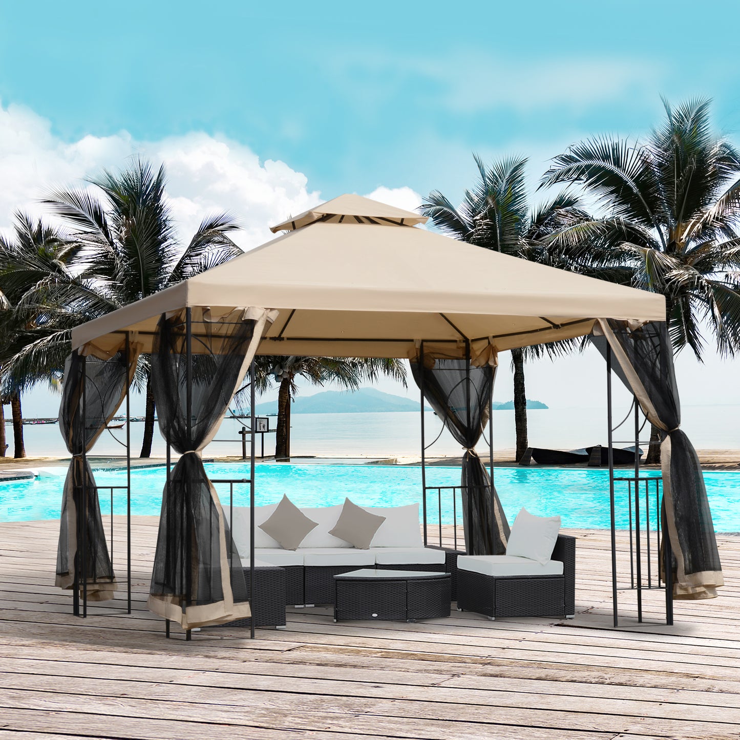 10x10ft Patio Gazebo, Outdoor Double Top Pavilion Canopy, Garden Event Party Tent Shelter, Yard Sun Shade Steel Frame w/ Mosquito Netting and Storage Tray