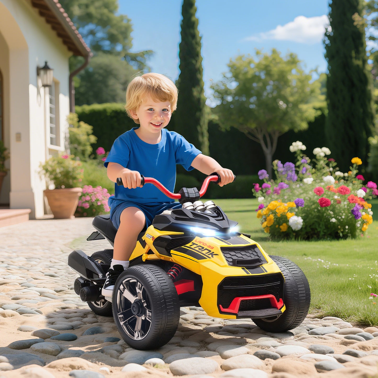 Qaba 12V Kids Ride On ATV with MP3 Player, Music, Horn, 2 Speeds, LED Lights, Gift for Boys & Girls, Yellow