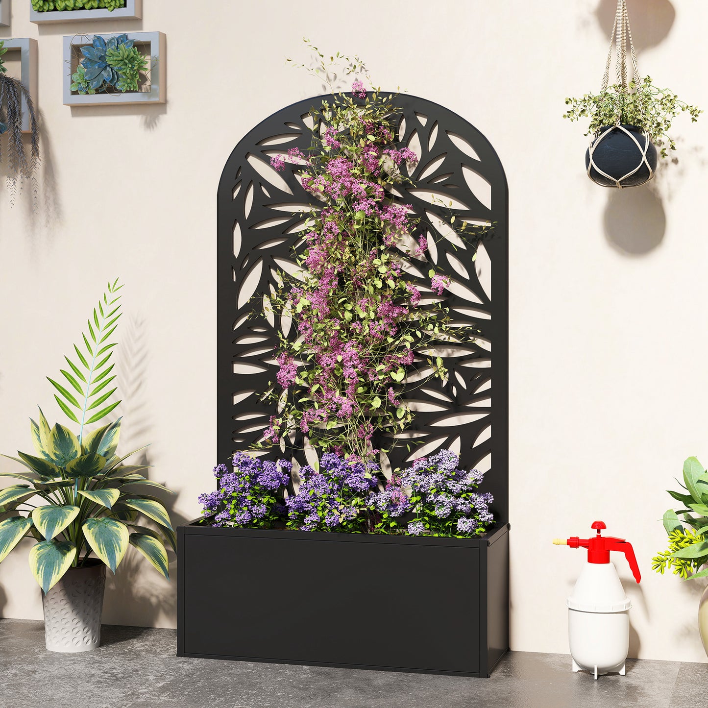 Metal Garden Bed with Trellis for Climbing Plants, Freestanding or Wall Mounted Flower Bed for Garden, Patio, Balcony