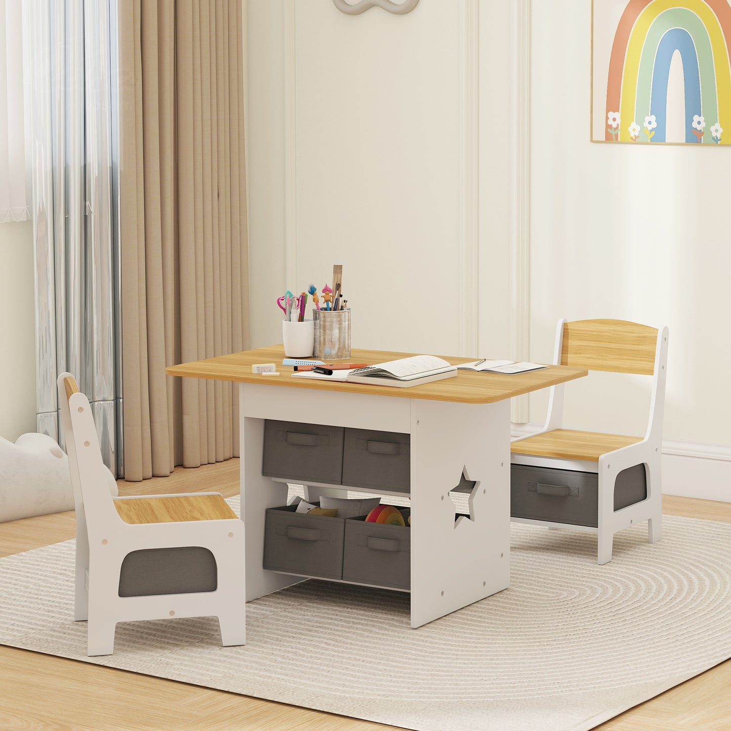 Qaba 3 Piece Kids Table and Chair Set with 6 Removable Drawers, for Classroom, Living Room, Bedroom, Nursery, Natural