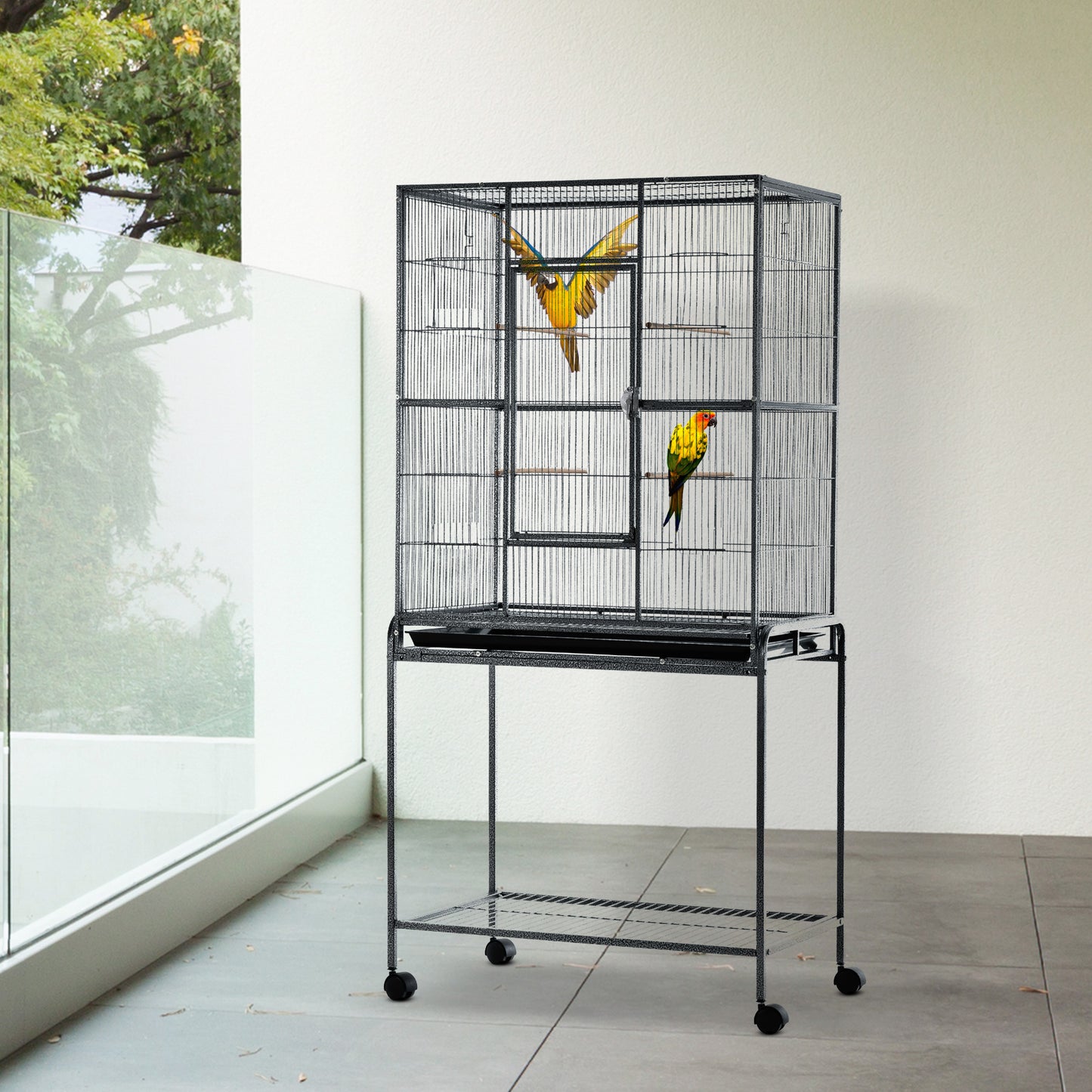 30'' Large Rolling Metal Bird Cage Bird House with Detachable Rolling Stand, Storage Shelf, Wood Perch Food Container - Black