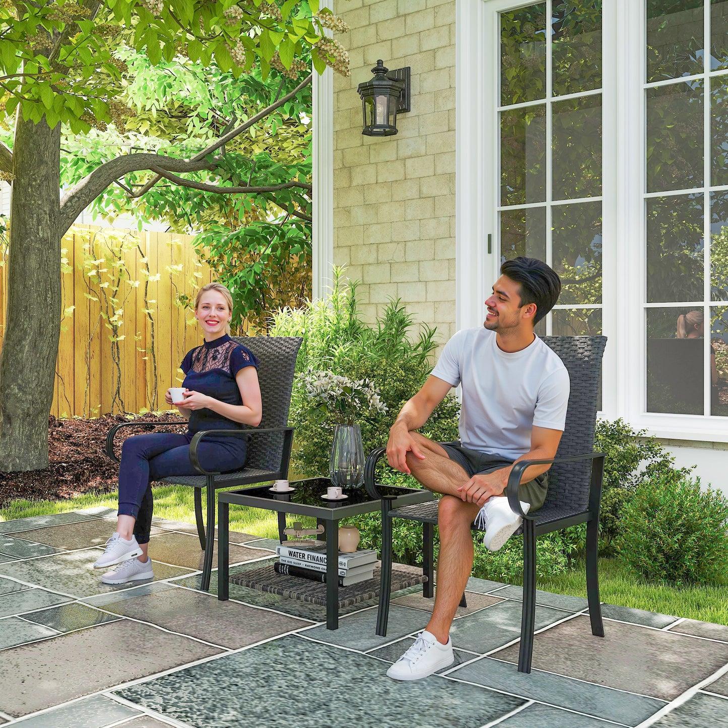 2 Piece PE Rattan Patio Dining Chairs with Steel Frame, for Garden, Backyard, Pool Side, Porch, Black