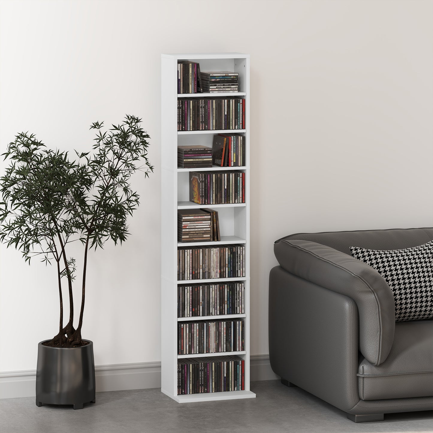 Media Storage Cabinet, 9-Tier Tall Narrow DVD Shelf with 6 Adjustable Shelves, White