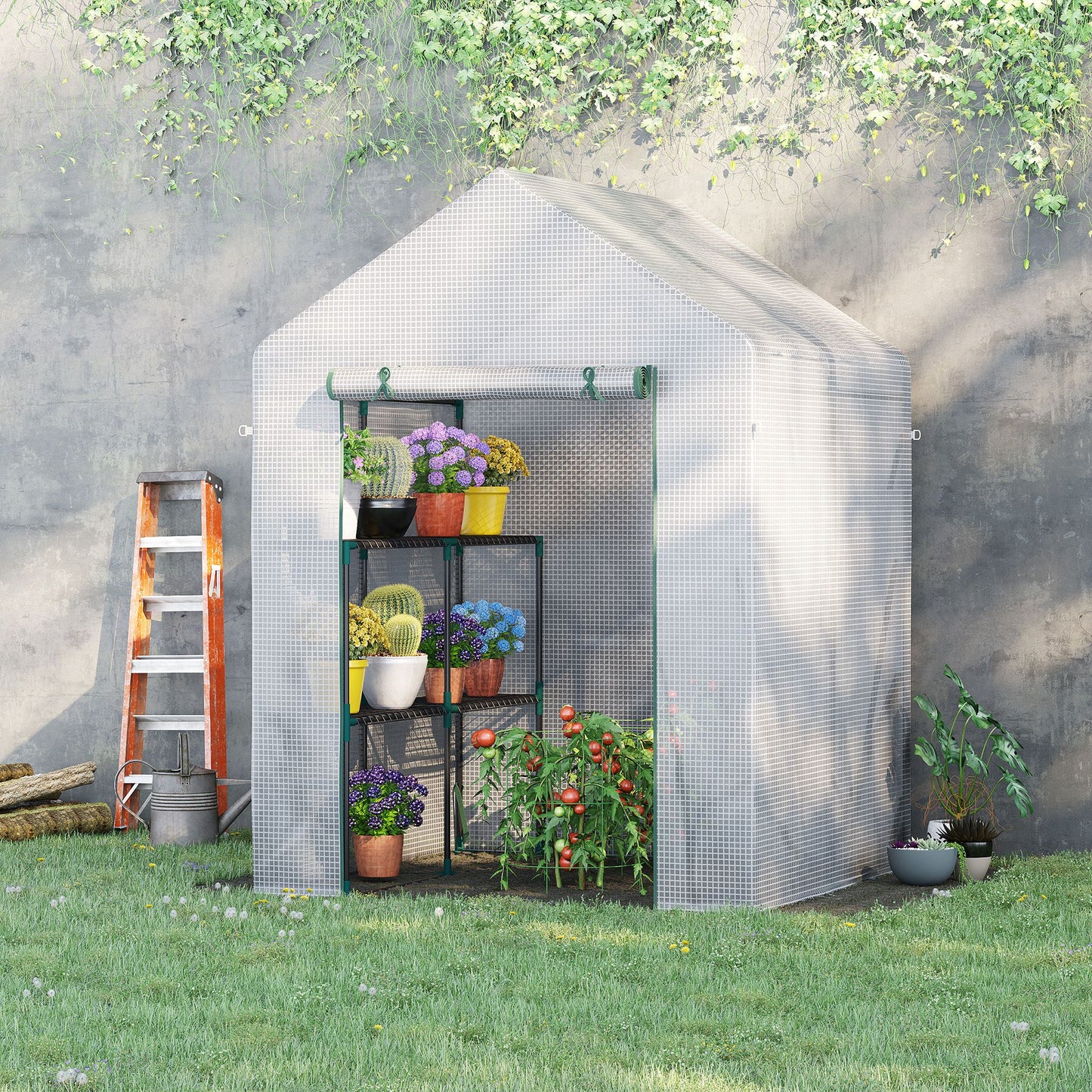 56" x 56" Walk-in Greenhouse Outdoor, Portable Gardening Plant Hot House with 2-Tier Shelf, Green