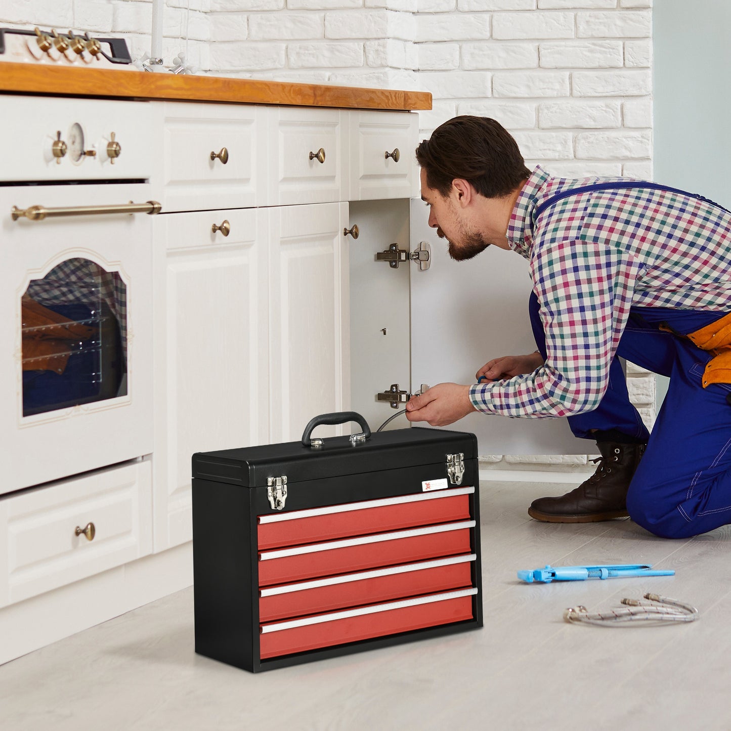 15.6" Tall Portable Metal Tool Box with Metal Latch Closure, 4 Drawer Lockable Tool Chest with Ball-bearing Slider for Garage, Household and Warehouse, Red