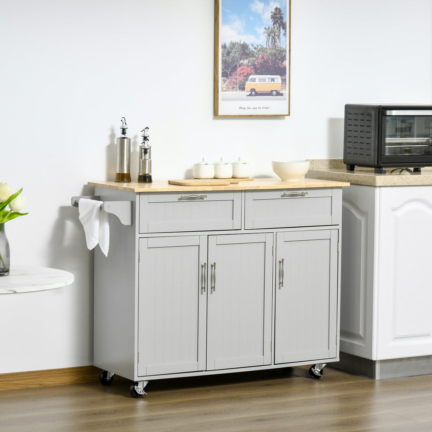 Rolling Kitchen Island, Kitchen Cart on Wheels with 2 Storage Drawers, 3 Door Cabinets and Towel Rack for Dining Room (Grey, 3-Doors)