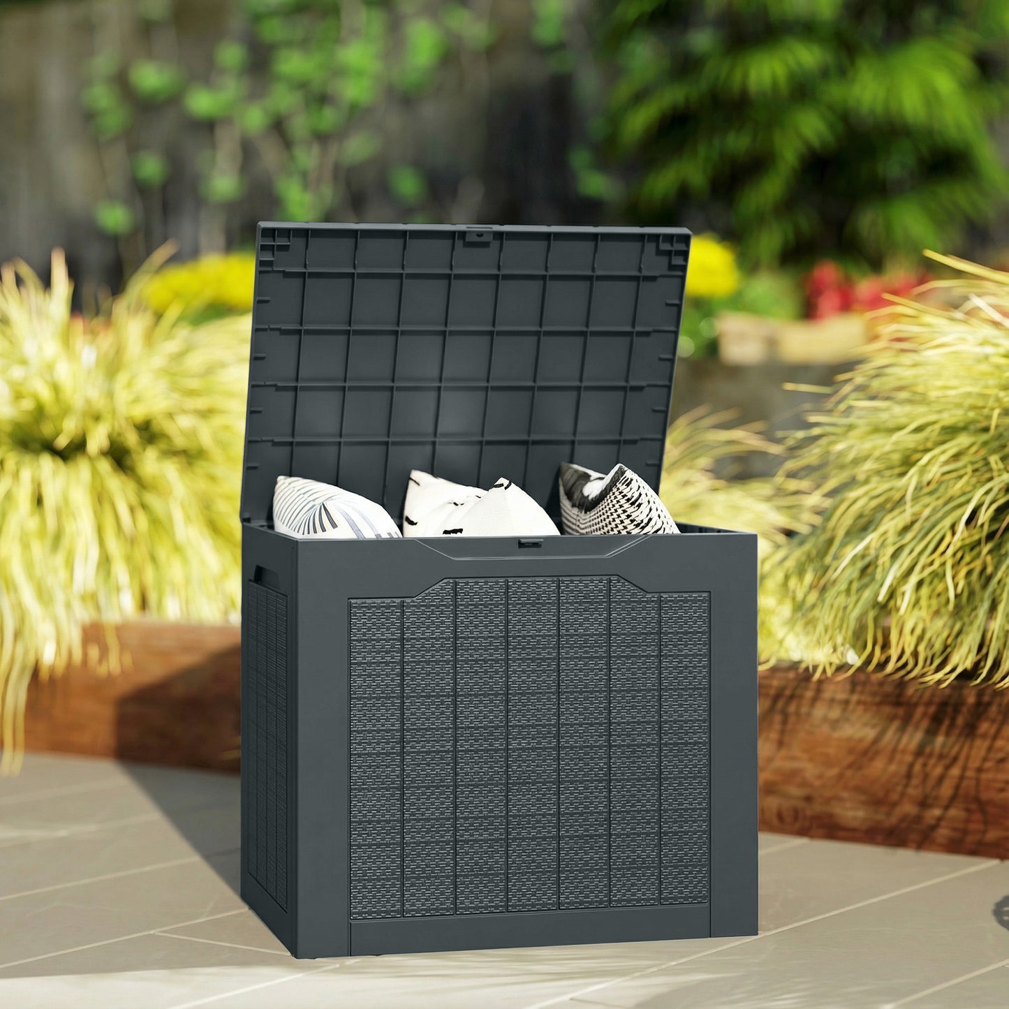 28 Gallon Deck Box, Resin Outdoor Storage Box with Handles, Waterproof and UV Resistant Storage Container