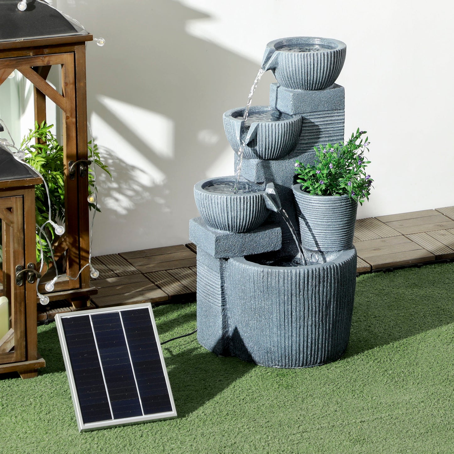 Solar Powered Outdoor Water Fountain, 4-Tier Floor Standing Resin Cascading Bowls Waterfall Fountain with LED Lights