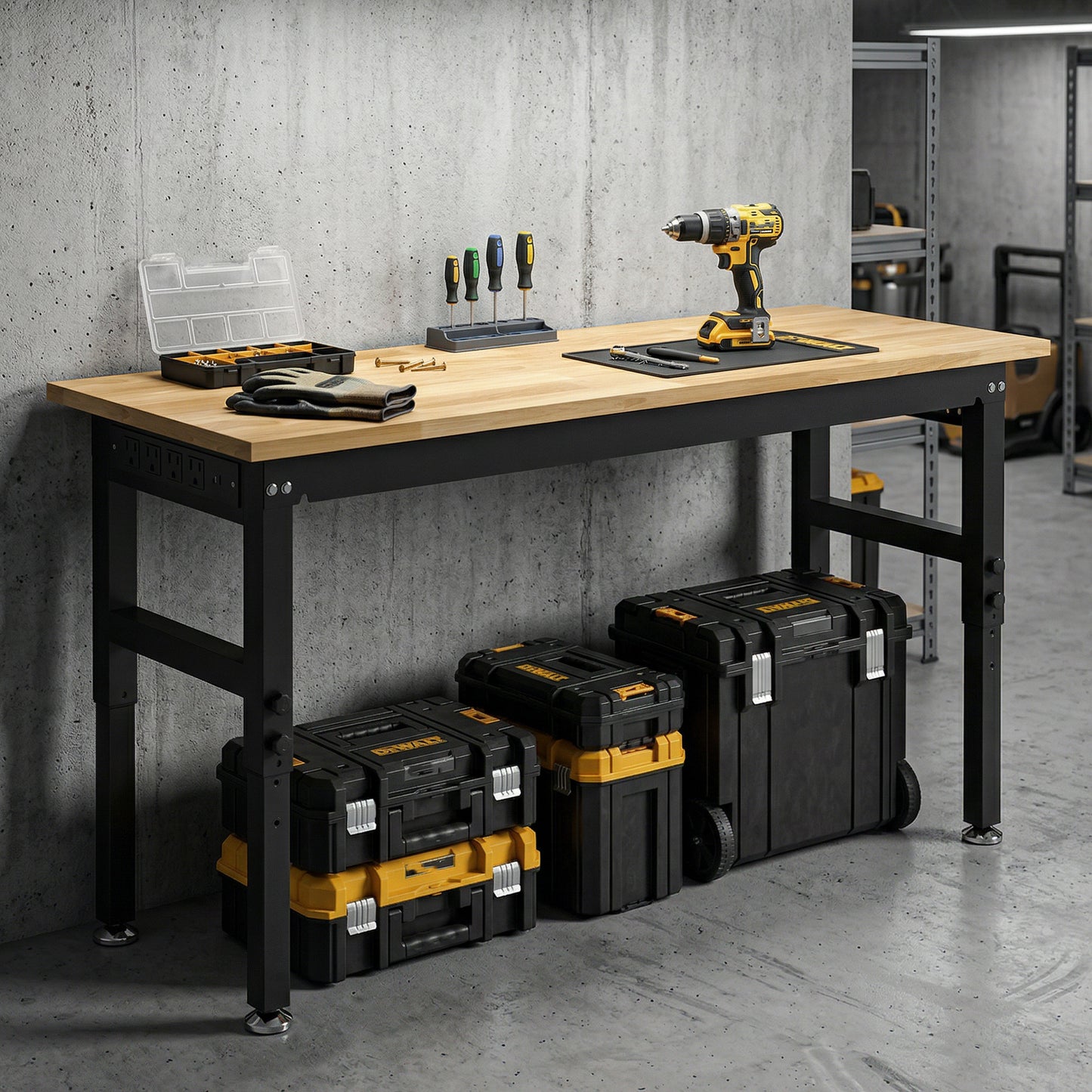 48" Adjustable Workbench, Heavy Duty Work Table with Rubber Wood Top, Power Outlets, Pegboard, 2000 LBS Capacity