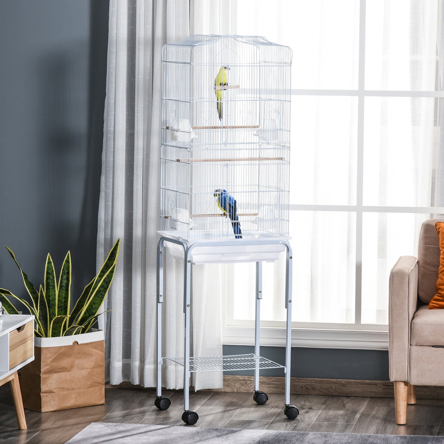 62" Rolling Bird Cage Cockatoo House Play Top Finch Pet Supply with Storage Shelf, Wheels - White
