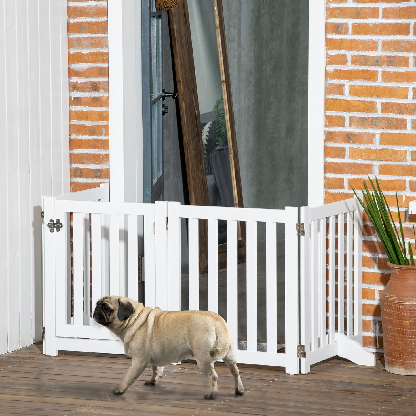 23.5"H Foldable Dog Gate with Door, 4 Panels Freestanding Pet Gate Barriers Indoor with Support Feet, Puppy Fence for Small Dogs, White