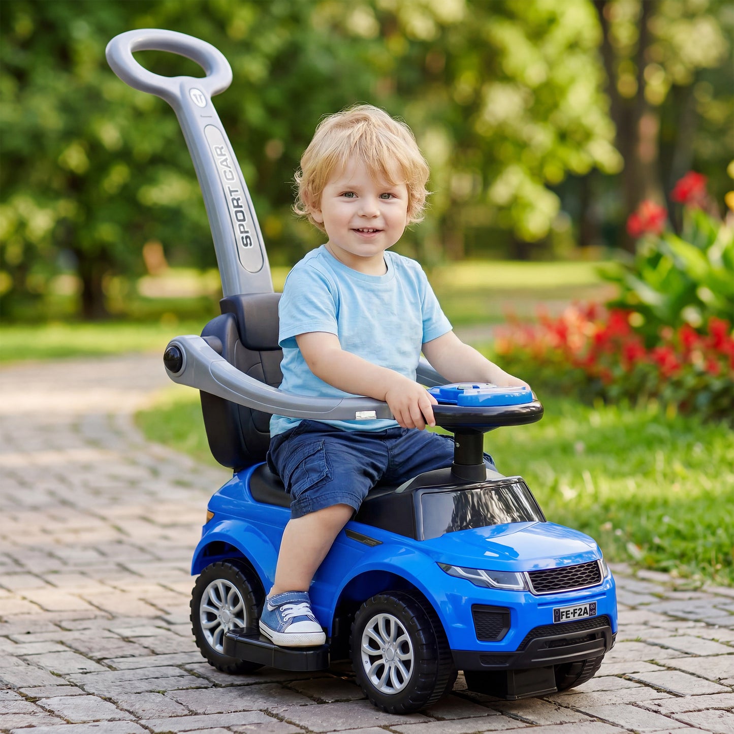Aosom 3 in 1 Kid Ride on Push Car, Toddlers Sliding Walking Car, with Horn, Music, Light, Parent Control Handle, Secure Bar, Under Seat Storage, for Boy Girl 18-36 Months, Blue