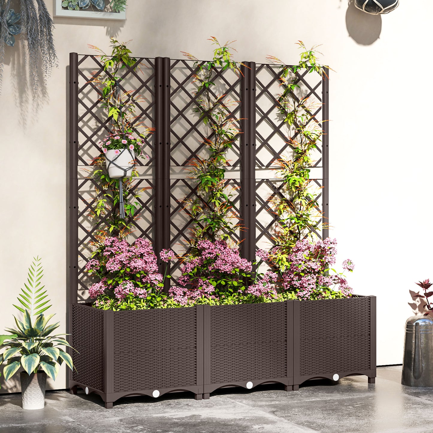 Raised Garden Bed with Trellis, Plastic Raised Flower Bed with Drainage Holes and Drain Plugs