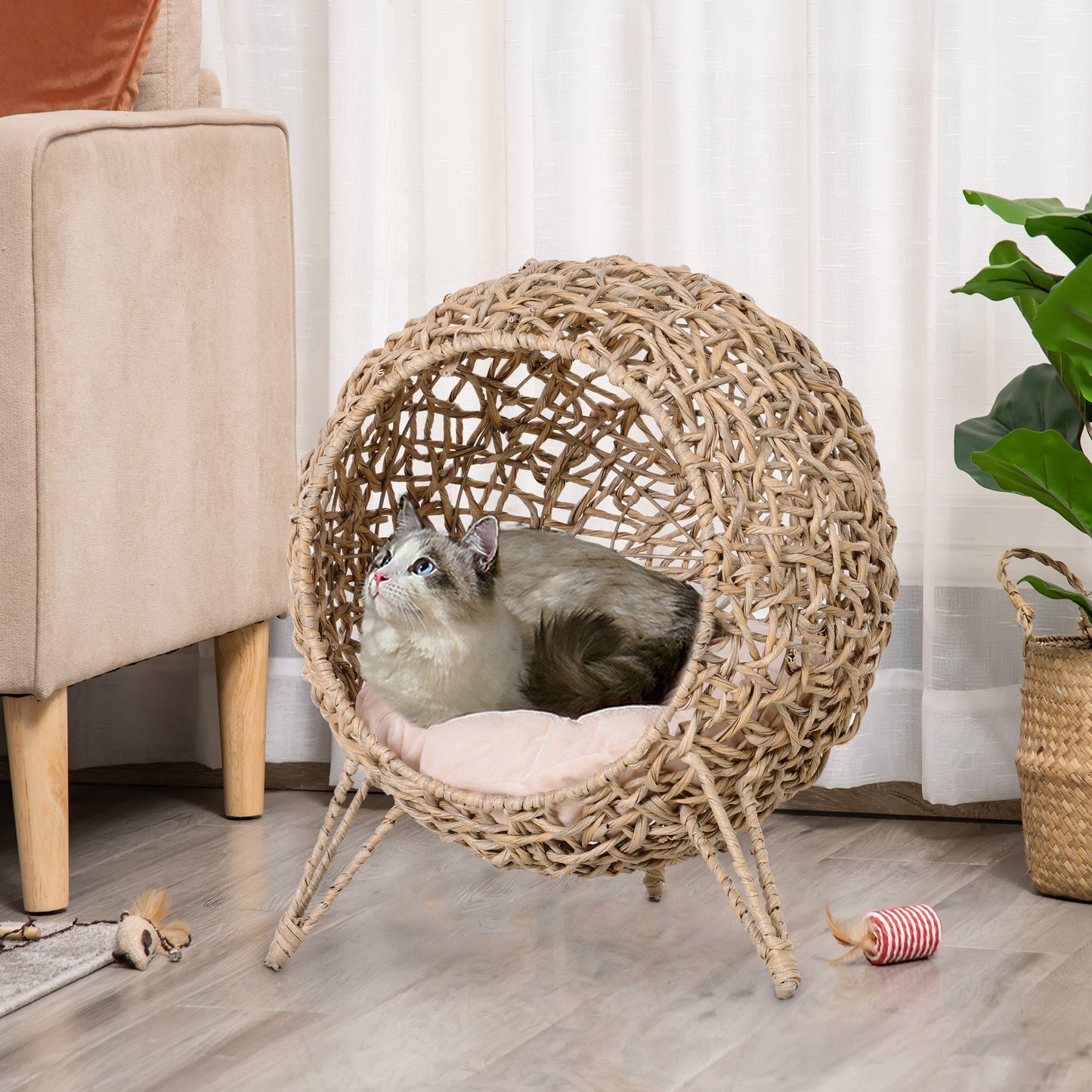 Rattan Cat House with Cushion, Elevated Wicker Kitten Bed for Indoor Cats, Natural Wood