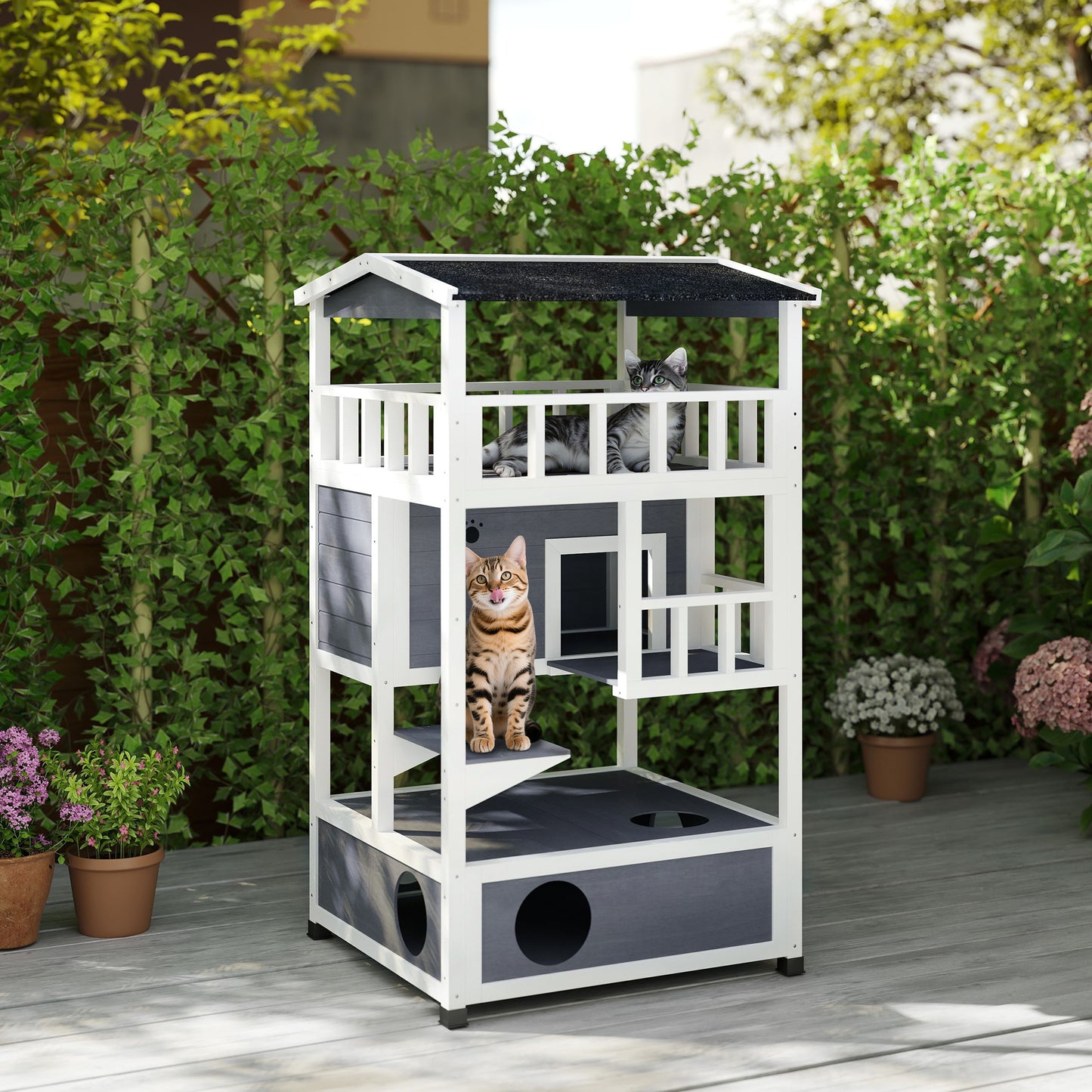 4-Floor Wood Outdoor Cat House Catio for Cats with Condo, Fun Entrances, Perch, Grey