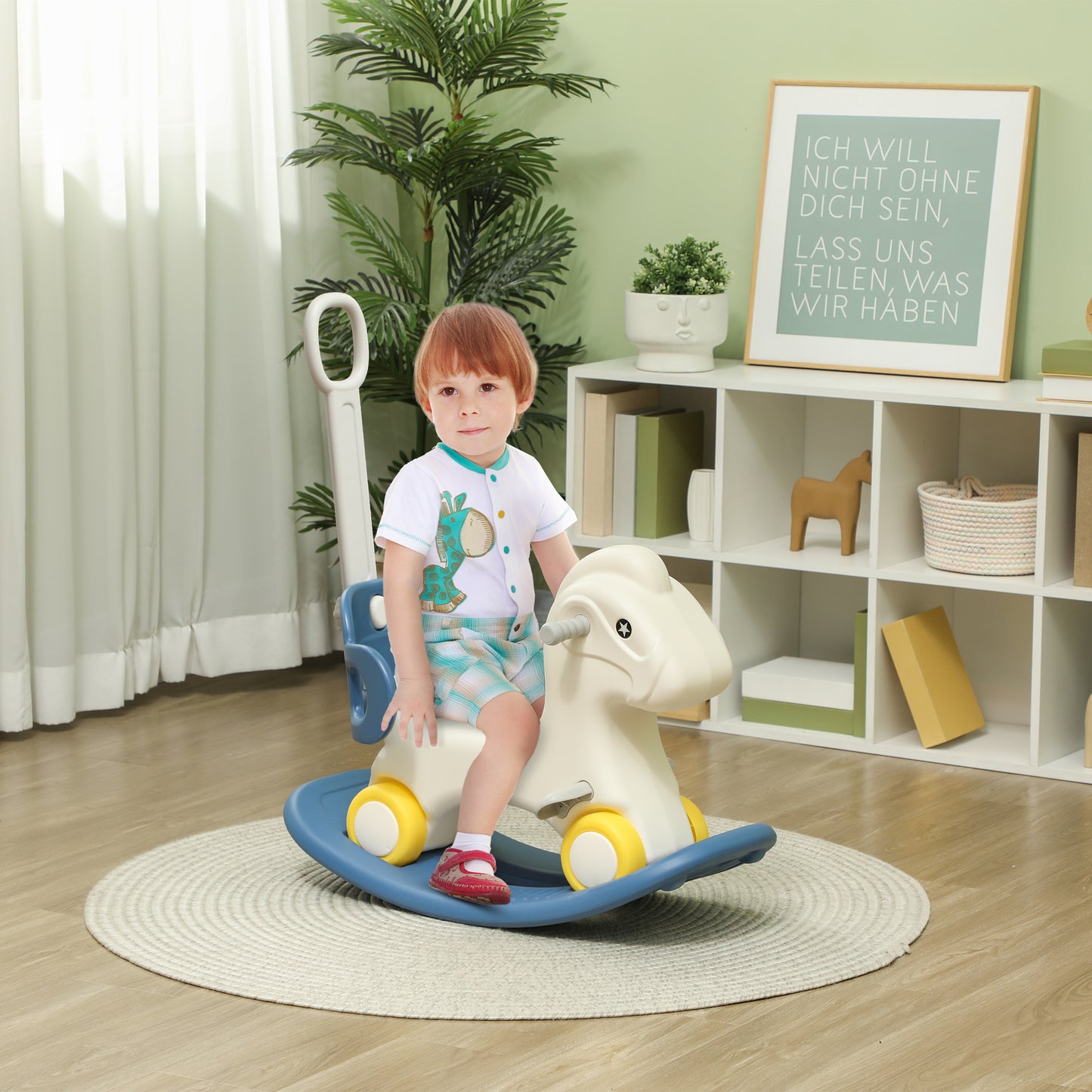 Qaba 4 in 1 Kids Rocking Horse w/ Detachable Balance Board & Push Handel, Blue