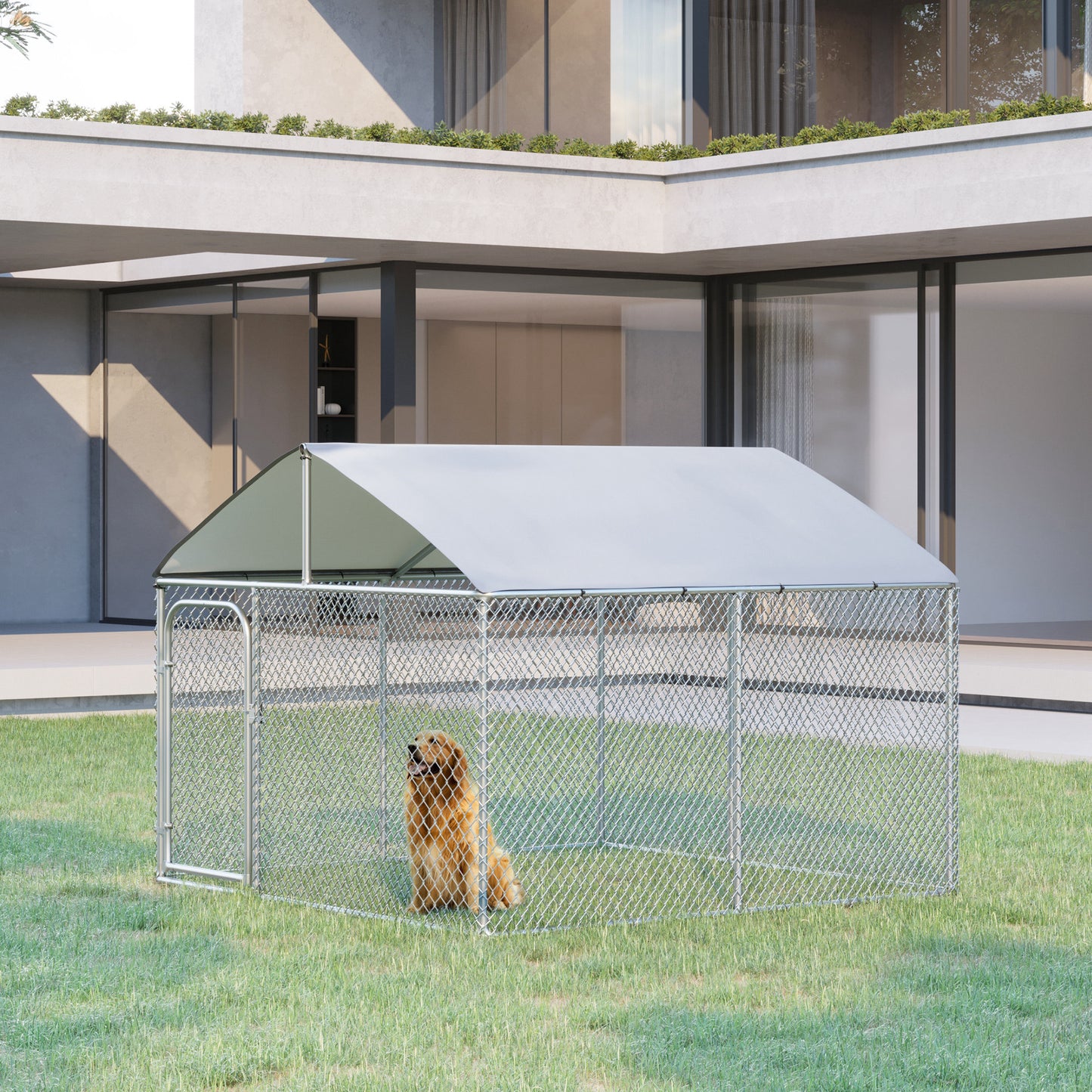 Outdoor Dog Kennel with Roof, Dog Run with Waterproof & UV-Resistant Cover, Secure Lock, for Backyard & Patio, 7.5' x 7.5' x 5.7'