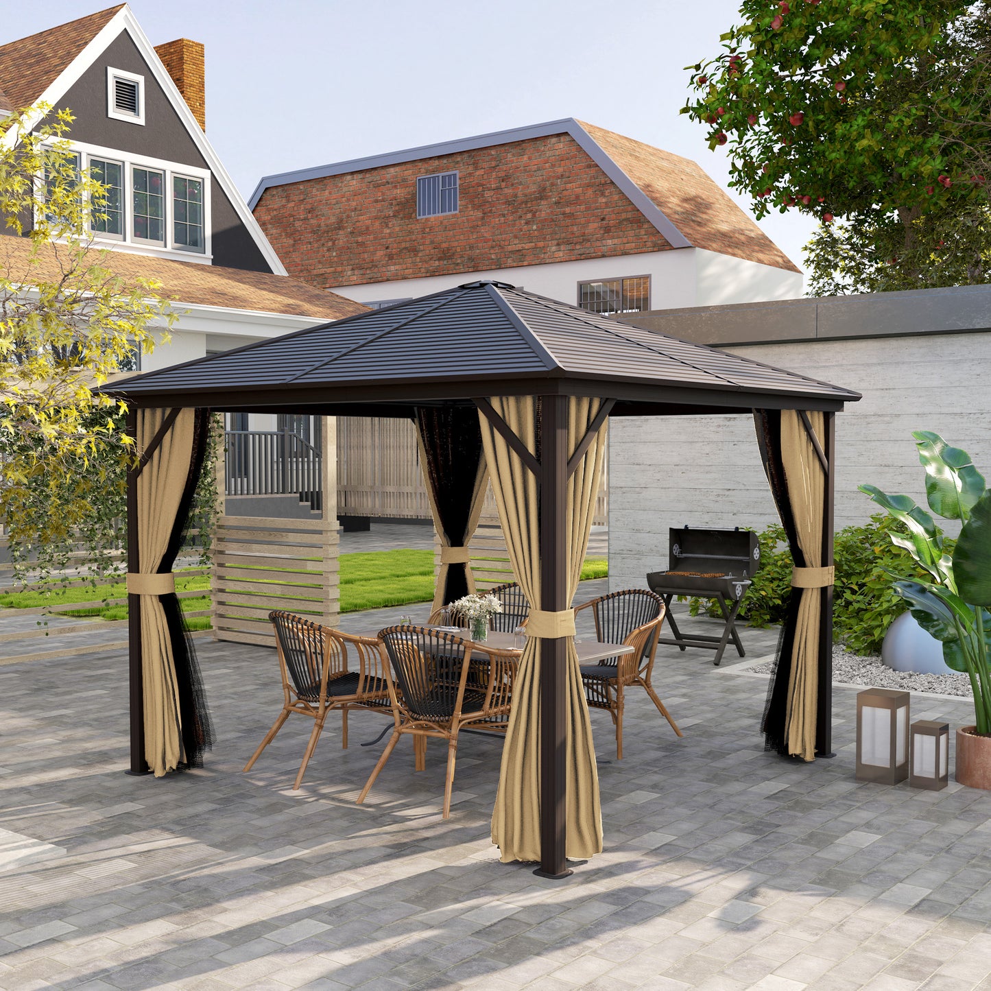 10' x 10' Hardtop Gazebo Outdoor Aluminum Gazebo Canopy with Mosquito Netting, Curtains, Hanging Hook, Brown