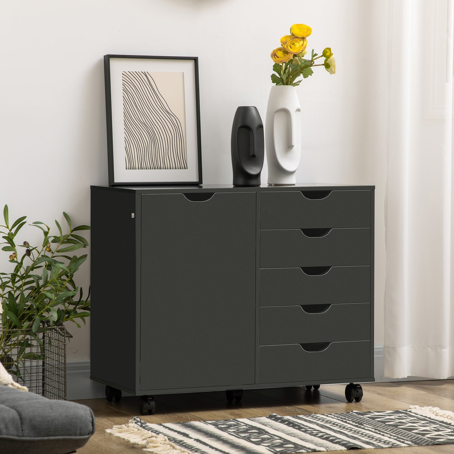 Lateral Filing Cabinet, 5-Drawers File Cabinet with Door and Adjustable Shelf, Mobile Office Storage Cabinet on Wheels, Printer Stand for Home Office, Black