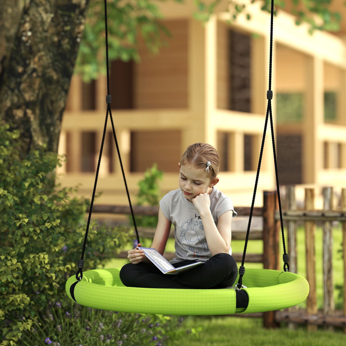 Qaba 100cm Diameter Nest Seat for Kids with Height Adjustable Hanging Ropes for Outdoor, Playground, Garden, Green