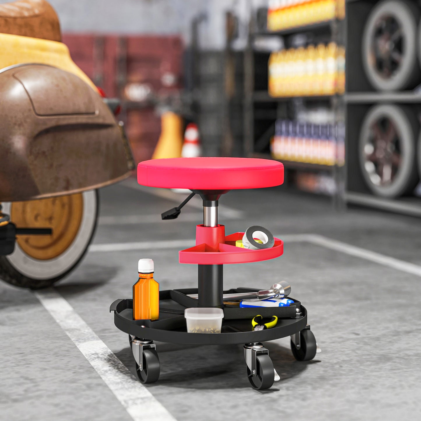 Rolling Garage Stool, 300 LBS Capacity Mechanic Stool with 2.5" Wheels, Tool Trays Storage, Adjustable Height, Red