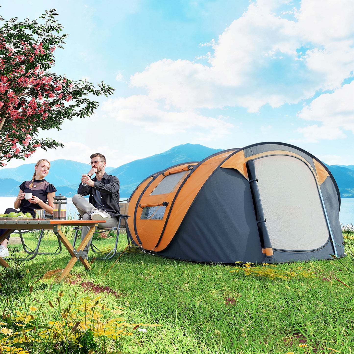 4 Person Camping Tent, Easy Pop Up Tent with Doors, Windows and Carry Bag, Automatic Setup Tent for Hiking, Orange