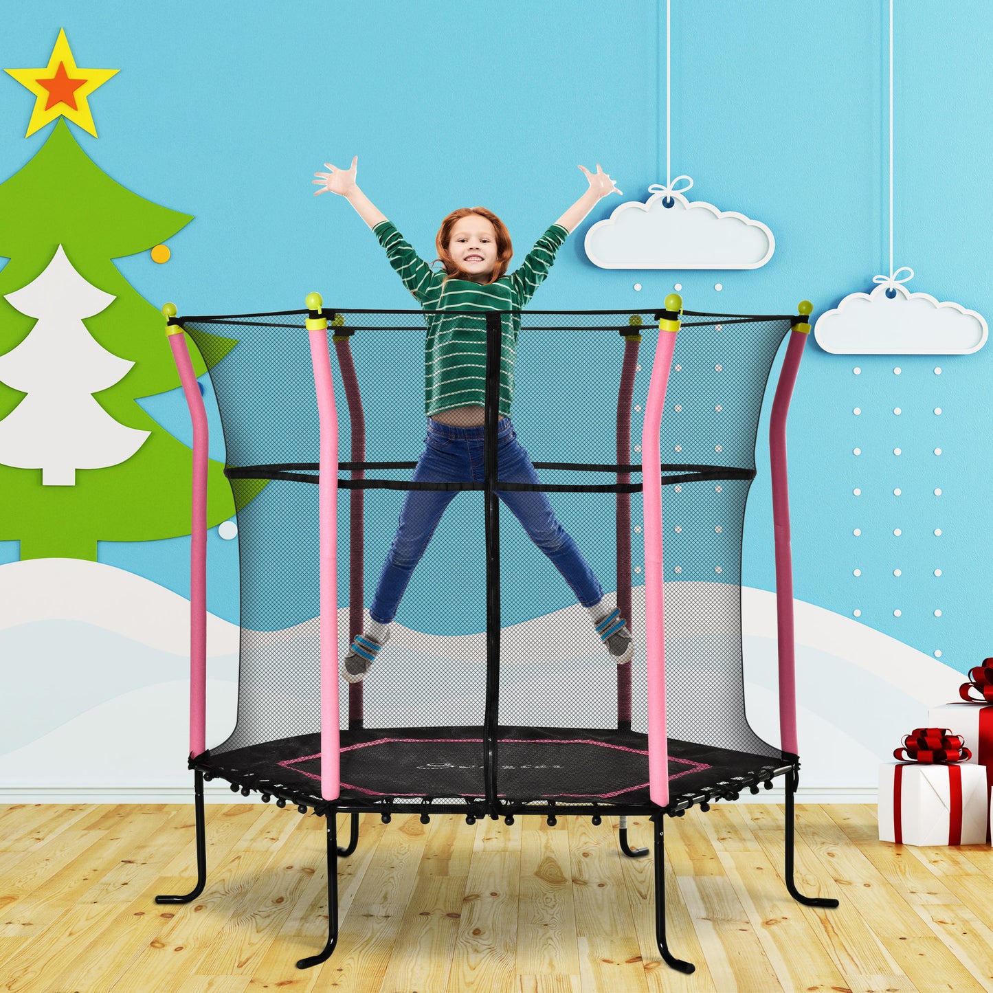 Soozier 63" Kids Trampoline Mini Indoor Bouncer Jumper with Enclosure Net Elastic Thick Padded Pole Gift for Child Toddler Age 3-6 Years Old Pink