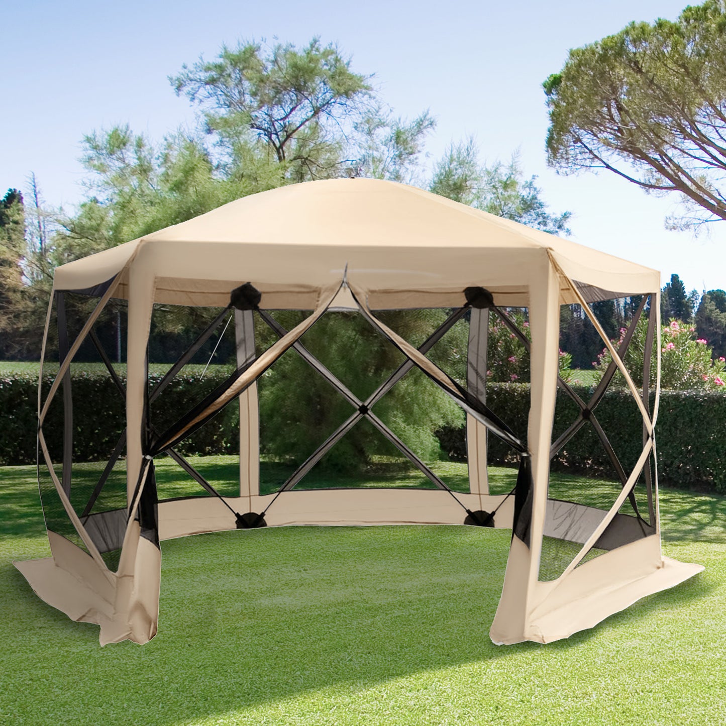 12' x 12' Hexagon Automatic Pop Up Screen Tents Camping Shelter Picnic Canopy Outdoor Sun Shade w/ Mesh Sidewalls and Carry Bag Beige
