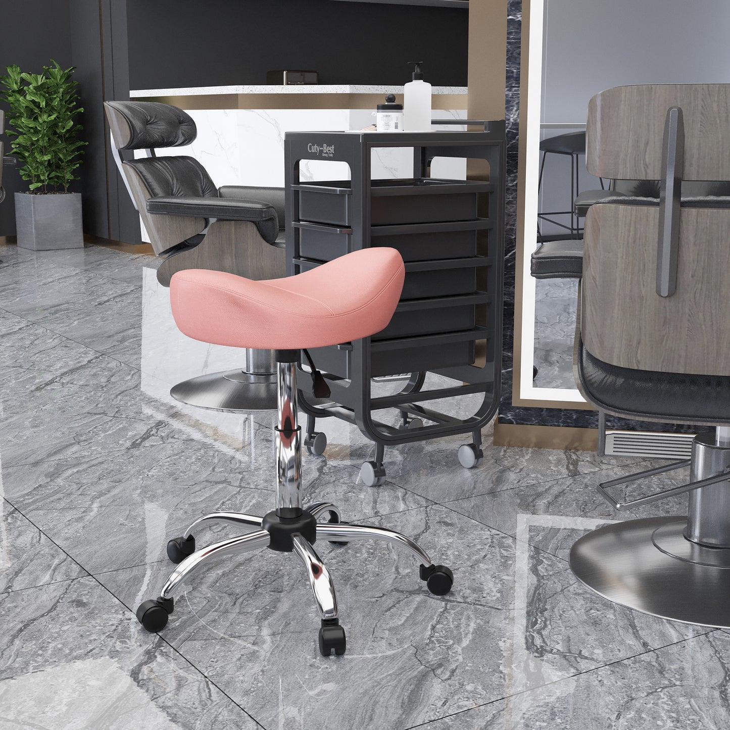 Ergonomic Saddle Stool with Wheels, Adjustable PU Leather Saddle Chair, 360° Swivel, NO Back Pain, Healthy Posture, Salon Chair for Massage Medical Home, Pink