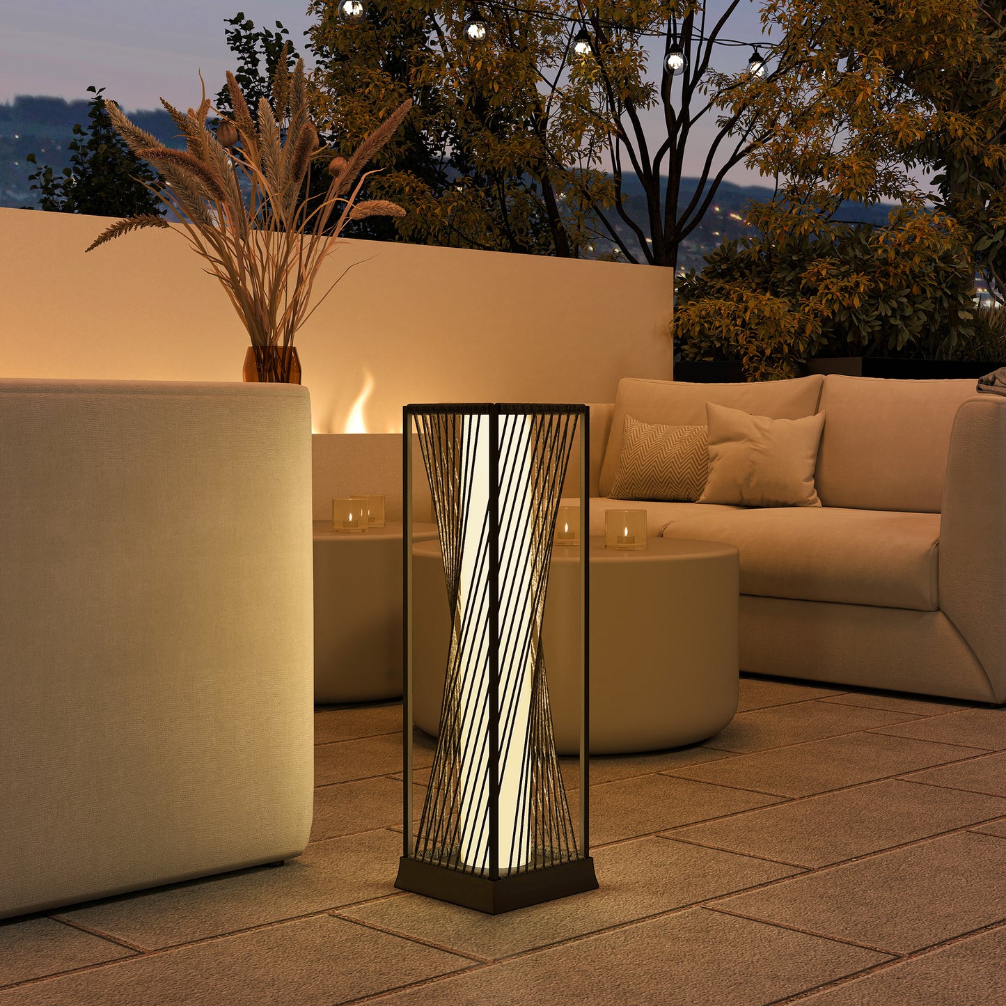 Rattan Solar Floor Lamp, Decorative Outdoor Lamp with Auto On/Off LED Lights, IP44 for Patio, Porch, Pathway, Grey