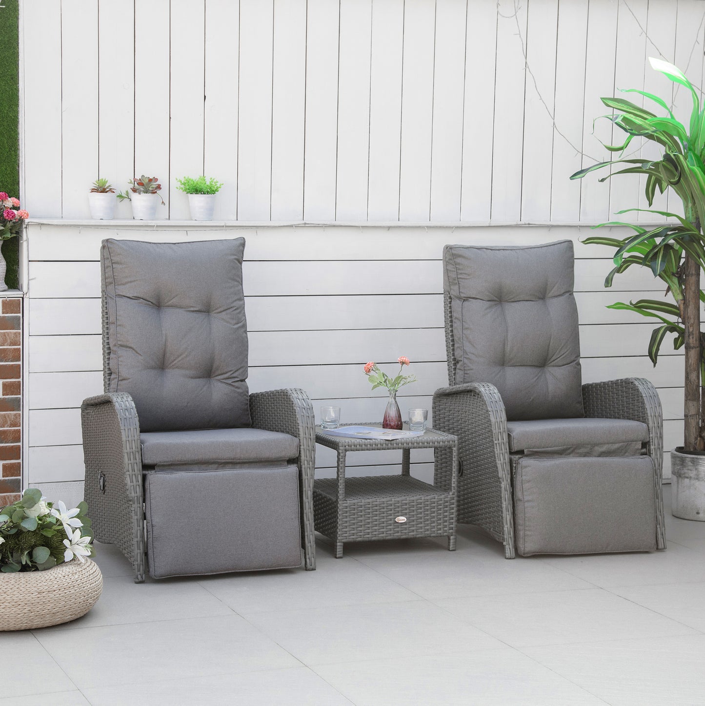 3 Pieces Patio Wicker Bistro Set, PE Rattan Coffee Table & Adjustable Recline Chairs Furniture Set with Cushions and Wood Grain Plastic Top, Grey