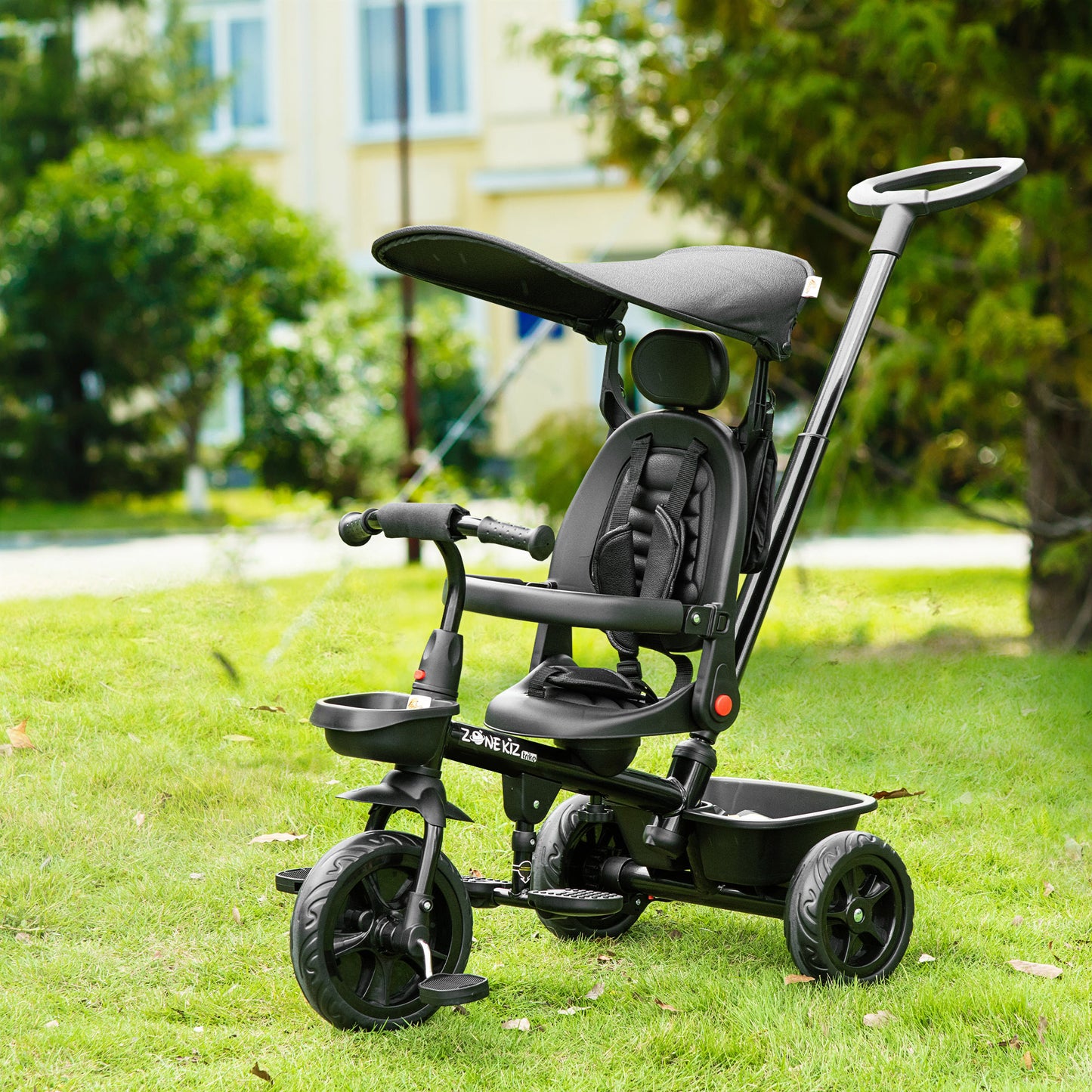 Qaba Tricycle for Toddler 4 in 1 Kids Trike, Converts Stroller to Toddler Bike, Adjustable Backrest & Flat Canopy, Detachable Guardrail & Handle for 1-5 Years Old, Black